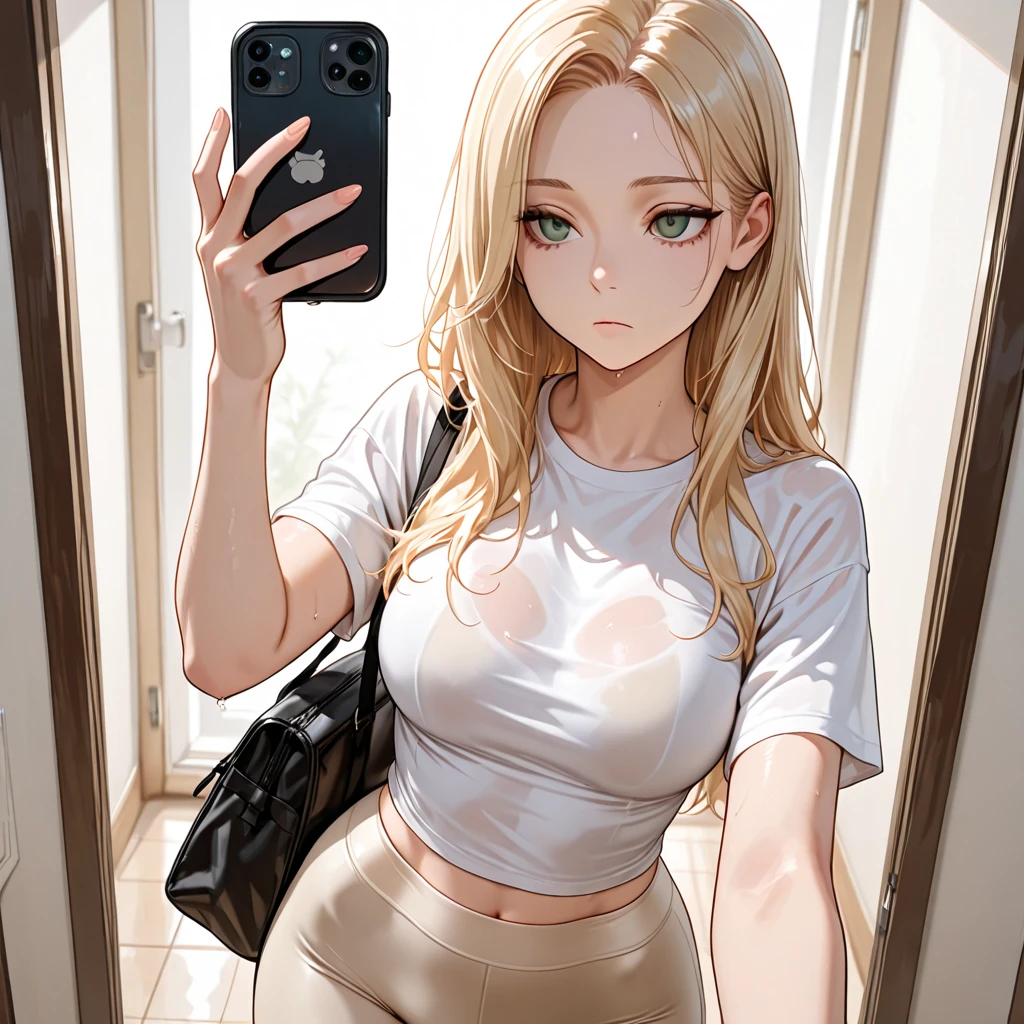 Realistic very realistic girl with blonde hair, blue eyes, 18 years old, taking a _mirror selfie
