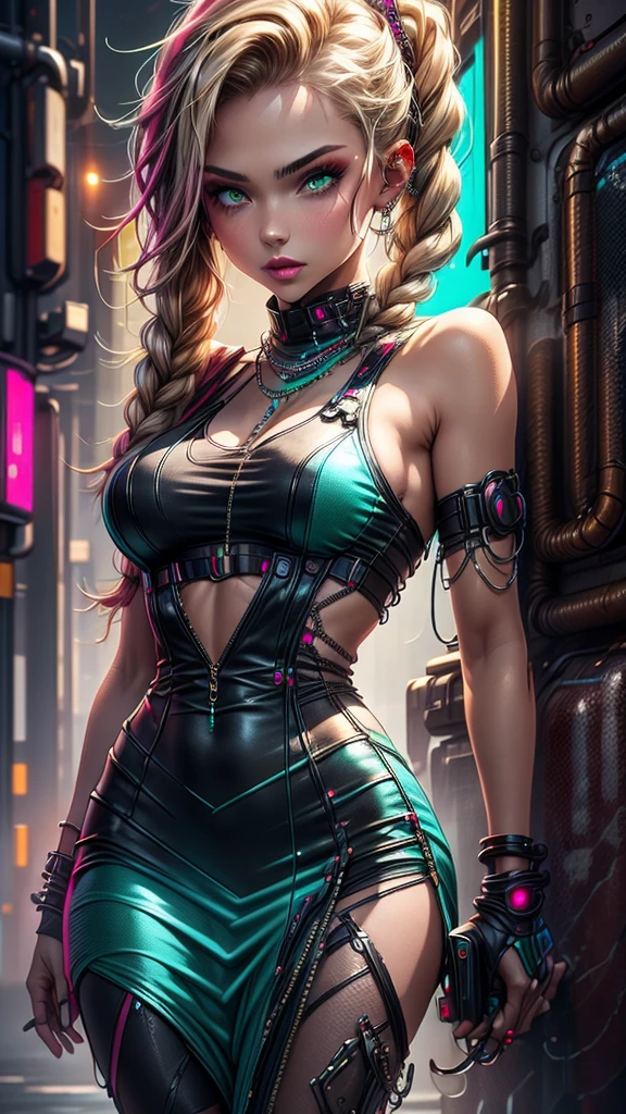 hyper realistic image of the highest quality, The perfect masterpiece, perfect work of art, 8k, a young and beautiful woman, she is a princess from a faraway kingdom, long hair, blonde hair, dark green eyes, well detailed eyes, upturned nose, light skin color, long eyelashes, full lips, full body, big breasts, she is wearing red lingerie, lace lingerie, she is wearing long stockings, she is standing in front of a window, outside is a futuristic cyberpunk city, it is night time, there are nearby planets in the sky, Annie Leibovitz style photography, ilya kuvshinov style, soft light, studio light, intricate details), majestic, aesthetic