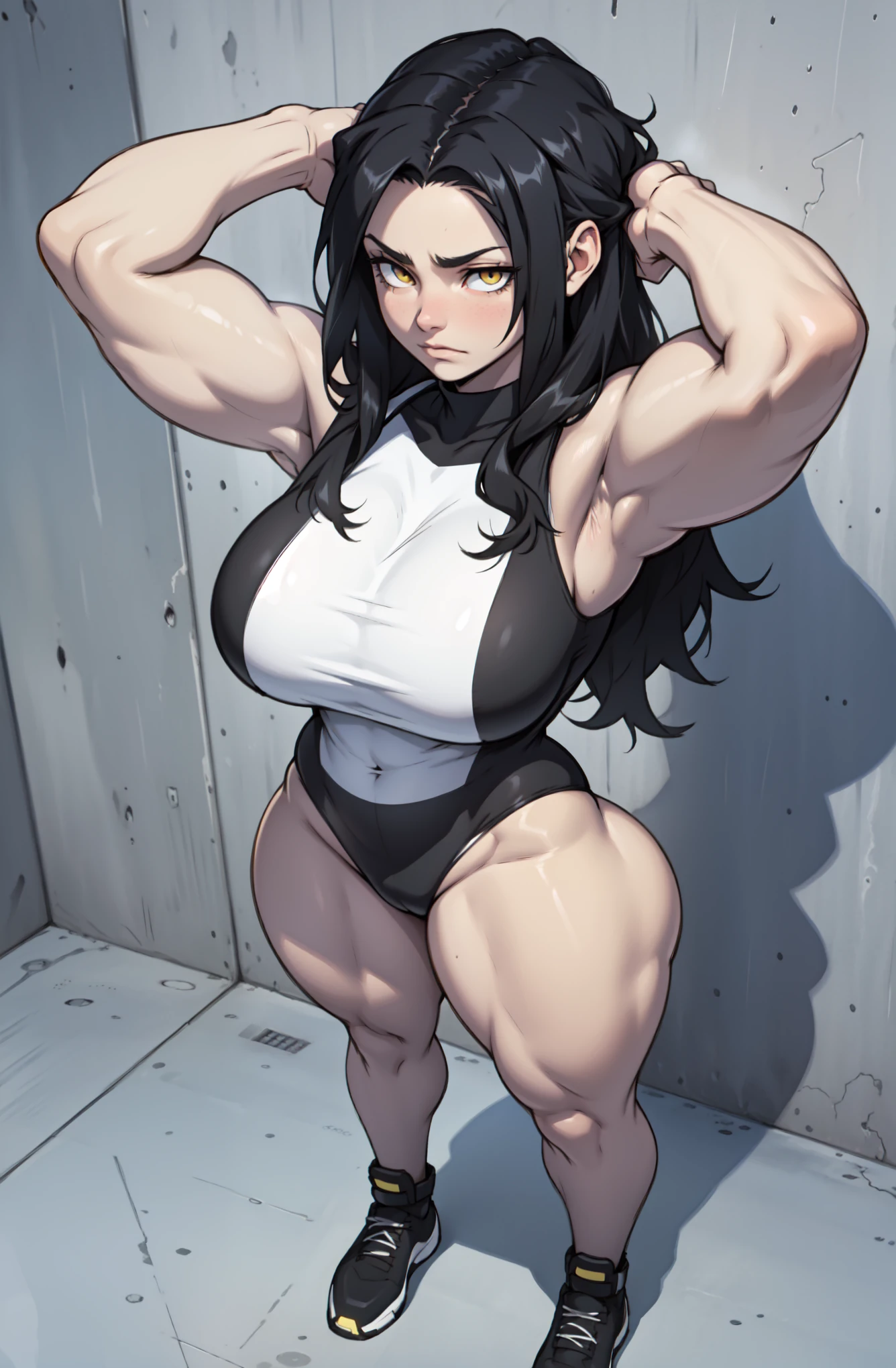 (((1girl bodybuilder muscular))) pale skin black hair very long hair yellow eyes long abs ((curvy wide hips thick thighs huge breasts)) dark atmosphere