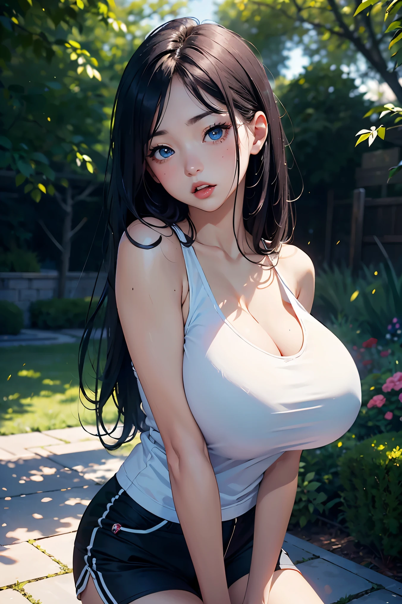 PERFECT MASTERPIECE, EXTREMELY DETAILED CG UNITY 8K UHD QUALITY RESOLUTION WALLPAPER, PHOTOREALISTIC, RAW PHOTO, PERFECT PHOTOGENIC CLARITY, OFFICIAL ART, AWARD-WINNING PORTRAIT, ULTRA HYPER-REALISTIC, ULTRA HYPER-DETAILED, SHINY REALISTIC SKIN, RAY TRACING, The most beautiful and sexy girl, very long black and rainbow colored hair, vibrant moonlight eyes, long detailed eyelashes, blushing, full pouting pink lips, curvy body type, full hips, tons of tattoos and piercings, super huge enormously gigantic tits, cleavage showing, gigantic tits bursting out of her tank top, ((wearing a soaking wet white tank top, dripping wet white tank top, see through the wet tank top:1.3)) and blue jean shorts, arching her back in a sexy seductive slutty pose, looking at the viewer, close up pov camera view from the front, sexy seductive slutty facial expression, neighborhood park background