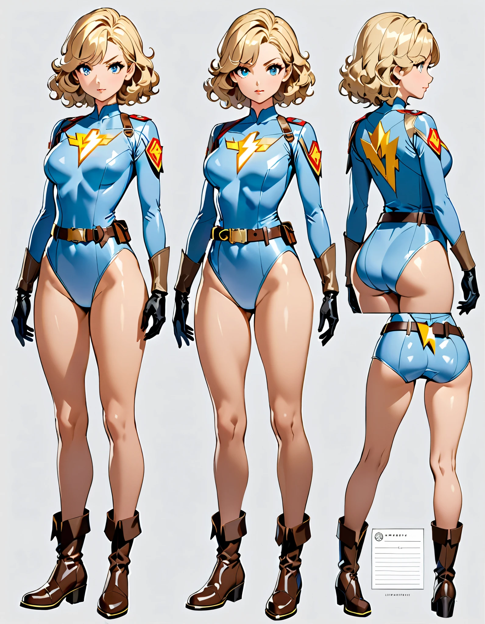 (masterpiece), (best quality), (hires), highly detailed, professional, 1lady, mature lady, tall body, (gold belt, tight belt), blonde hair, short hair, bob hair, blue eyes, beautiful detailed eyes, beautiful detailed face, (ankle-length boots, knee boots, yellow boots, yellow footwear), (large breasts, medium breasts), (teal and yellow leotard, competition swimsuit, sleeves, long sleeves, tight sleeves, perfect fit), perfect hands, complete fingers, (gold bracelets), (bare legs), red lips, solo, solo focus, superhero, ((gold star symbol on chest)), ((blue diamond belt buckle)), full body shot, full body with costume, semi-realistic, serious. Simple background, Multiple Views, Character Sheet Full-Length.