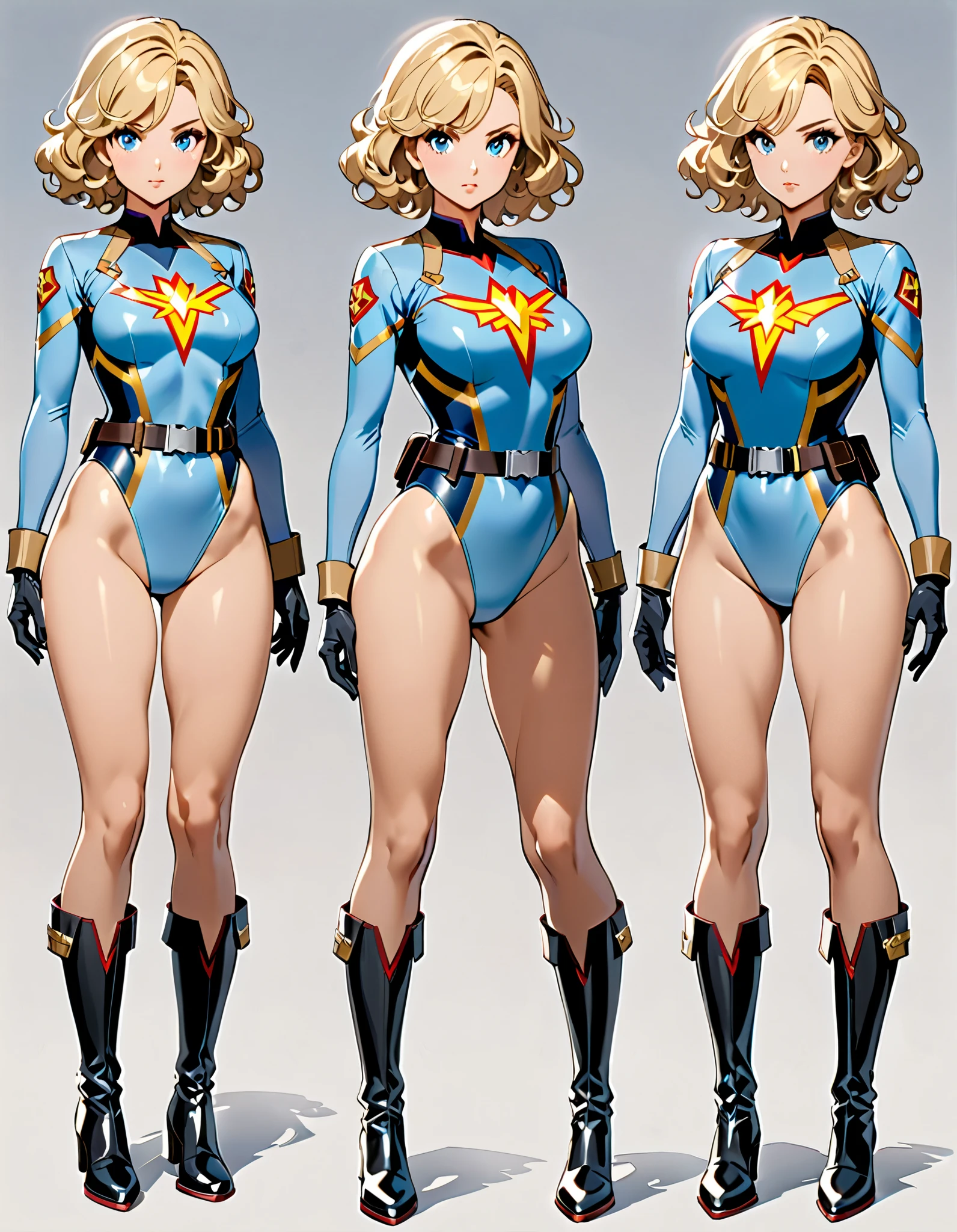 (masterpiece), (best quality), (hires), highly detailed, professional, 1lady, mature lady, tall body, (gold belt, tight belt), blonde hair, short hair, bob hair, blue eyes, beautiful detailed eyes, beautiful detailed face, (ankle-length boots, knee boots, yellow boots, yellow footwear), (large breasts, medium breasts), (teal and yellow leotard, sleeves, long sleeves, perfect fit, perfect hands, complete fingers), (gold bracelets), (bare legs), red lips, solo, solo focus, superhero, ((gold star symbol on chest)), ((blue diamond belt buckle)), full body shot, full body with costume, semi-realistic, serious. Simple background, Multiple Views, Character Sheet Full-Length.