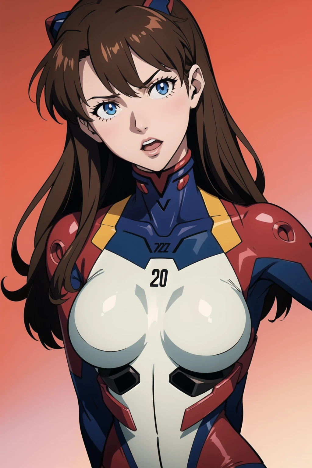 hands_on_own_chest,souryuu_asuka_langley,bodysuit,brown_hair,torn_bodysuit,rebuild_of_evangelion,1girl,large_breasts,upper_body,breasts,long_hair,skin_tight,hair_down,shiny_clothes,hair_ornament,very_long_hair,red_bodysuit,plugsuit,simple_background,solo,neon_genesis_evangelion,lips,highres,evangelion:_3.0+1.0_thrice_upon_a_time,looking_at_viewer,artist_request,blue_eyes,open_mouth,curvy,interface_headset