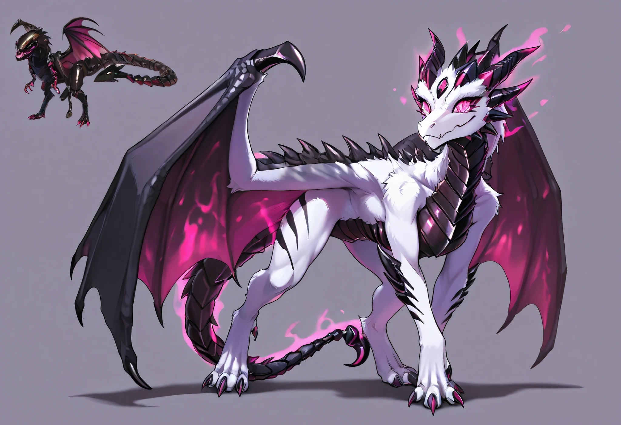 Female Dragon. Scorpion element. Furryfemale. White fur. Black carapace. Pink eyes. Velociraptor eyes. Dragon wings. Compound eyes on the forehead. Multiple eyes. Scorpion's tail. A poisonous aura. anime style.