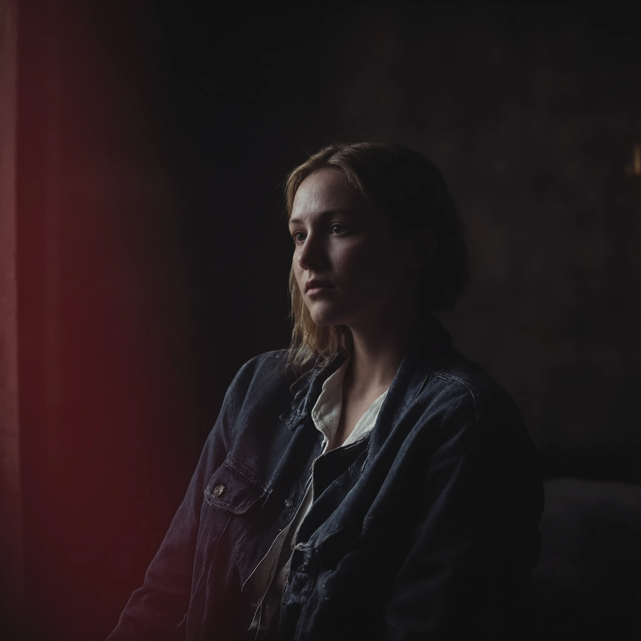 Cinematic photography, eye-level view of a young woman sitting alone in a dimly lit room, her face partially illuminated by a soft, directional light beam. Her deep, introspective gaze conveys a melancholic and contemplative mood. She wears a dark denim jacket over a white shirt, blending into the moody, shadowed background. A subtle red light leak effect appears in the top corner, adding a nostalgic, film-like atmosphere. The environment is dark and intimate, with textured walls and a blurred, undefined background that enhances the feeling of solitude. The lighting is dramatic, creating high contrast between highlights and shadows, emphasizing the contours of her face. The cinematic framing and depth of field create a raw and emotional portrait, reminiscent of analog photography. Shot by professional photographers, using realistic lighting, rich textures, and a grainy film effect for an authentic, timeless aesthetic.