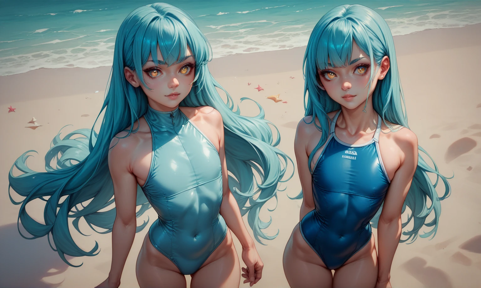 (masterpiece, best quality, 8k wallpaper:1.2 ), ultra detailed, absurdres, highres, long blue-green twintail hair, (hatsune miku:1.3), 9 yo, Elementary school student, short legs, short arms, petit, being stumpy, (bend over forwards deeply from side view, ((1girl)), (flat chest), (standing, in beach side:1.1), (((glossy slippy smooth texture {blue|black} one-piece japanese school swimsuit:1.3))), flat chest, ((merciful motherfood facial expression)), (((Proudly showing flat chest:1.3, clavicle focus))), (looking at viewer), upper body, close up flat chest, too sweaty body, silky skin, beautiful eyes, long hair flowing with the wind, beautiful smile line, flat chest, big blue eyes, shiny hair, beautiful detailed eyes, beautiful detailed skin, beautiful detailed clothes, Bend sideways, hand on hip, head tilt:1.2, troubled eyebrows, framed double breasts, under bust, too wet skin, too wet clothes, glossy skin, glossy clothes, skindentation, skin tight,