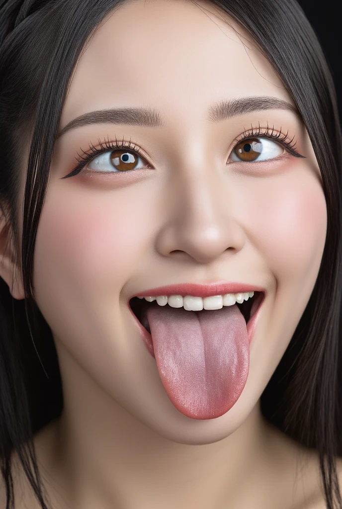 (highest quality、Tabletop、8k、Best image quality、Award-winning works)、Beautiful woman、Perfect beauty portrait、Glowing Skin、Brown Hair、Standing Elegantly、Glowing Skin、White skin、(Face close-up:1.5)、(Open your mouth and extend your tongue:1.2)、(Perfect beautiful tongue:1.2)、(The tongue is covered with saliva:1.1)、(Moist, shiny, glossy tongue:1.2)、Sweaty skin、Damp Hair、Hot Face、Cute Smile、(The simplest beige background:1.1)