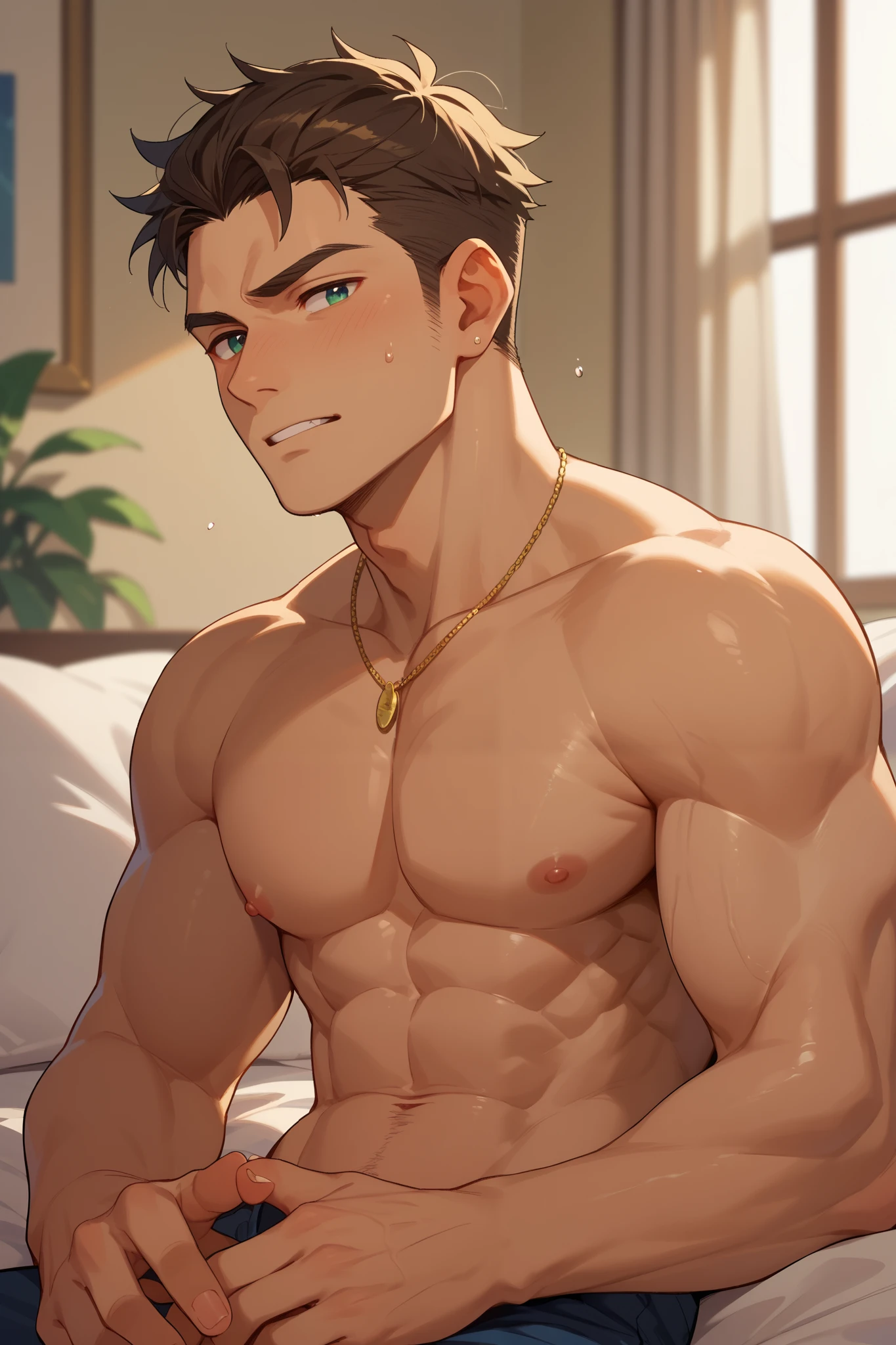 Subaru is sitting and flexing his arms. He wears a black tshirt with short sleeves. His right sleeve is completely rolled up, so you can see his entire arm and shoulder. He wears black short boxershorts. You can see his thighs completely. He has a huge bulge. You can see his abs too. Cum is dripping from his thighs.