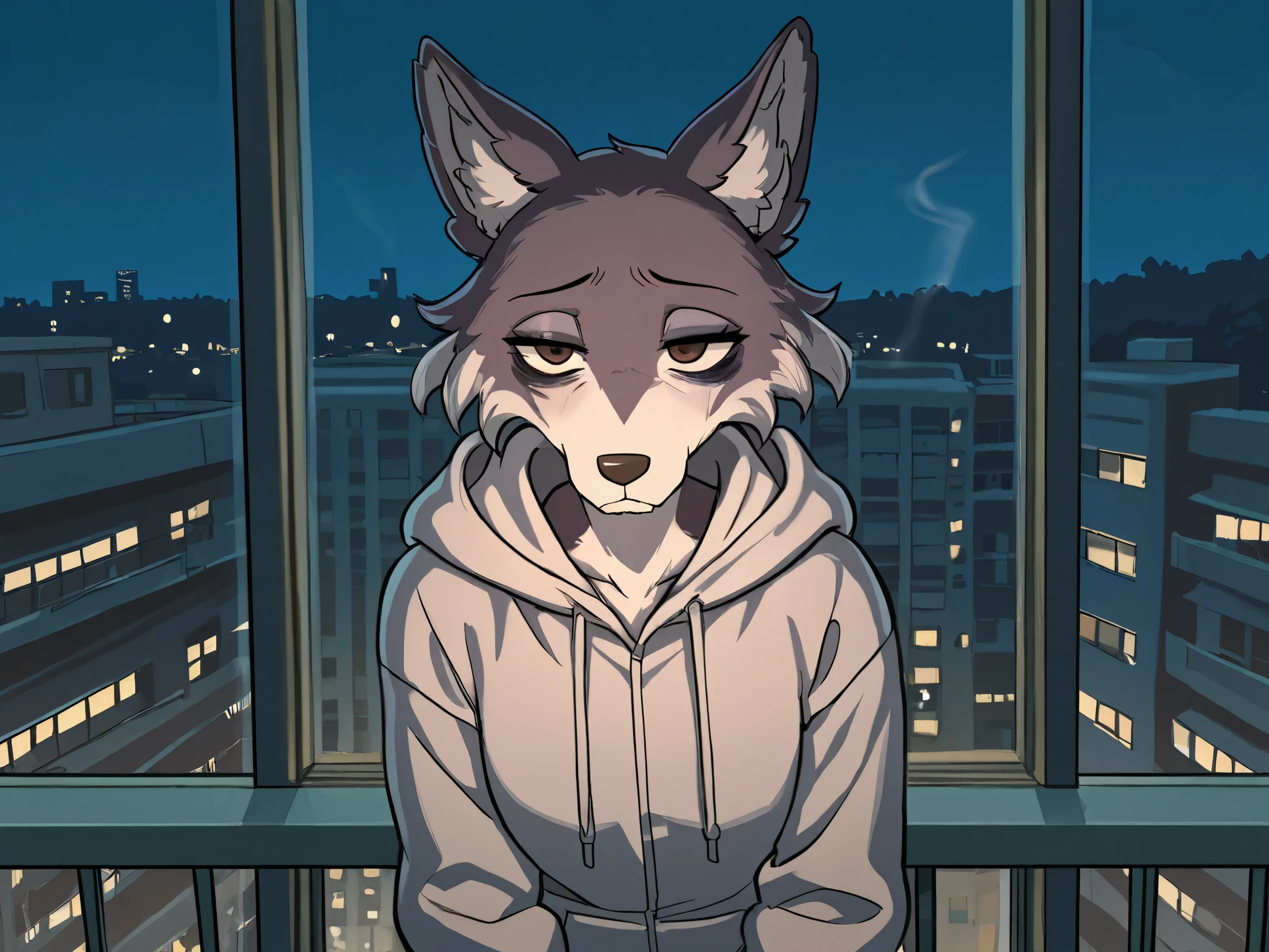 Night, view of an apartment building on the balcony, windows, anthropomorphic she-wolf girl, brown eyes , hooded jacket, smokes a cigarette on his face, sad facial expression, eye bags,