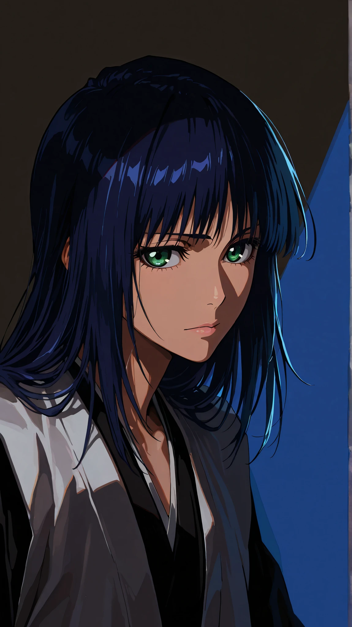 (masterpiece, best quality, ultra-detailed, best shadow), (dark fantasy), high contrast, (best lighting, extremely delicate and beautiful), ((cinematic light)), colorful, hyper detail, dramatic light, intricate details. age boy () with long beautiful dark blue hair with highlighted bangs, striking green eyes and beautiful eyelashes, wearing a wide Bleach Shihakusho, character with gentle, handsome, 175 cm tall, kind and happy character