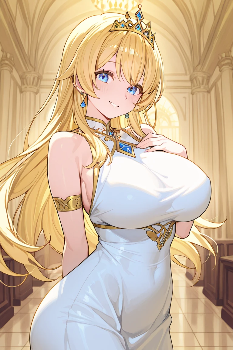(Both hands hold a bouquet of red flowers), sarielx, dramatic lighting, god rays, Off-the-shoulder white wedding dress, Snow White Veil, choker, silver tiara, necklace, earrings, vitril, stained glass, standing, (cathedral background), anime cels style, best quality, high resolution, 1girl, (huge breasts:1.2), beautiful face, cowboy shot, heterochromia, braided ponytail, braided bangs, smiling, blushing looking at viewer