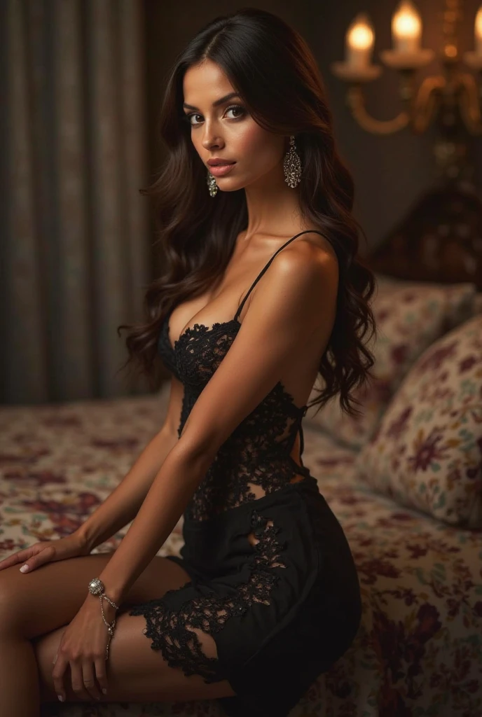 a Beautiful Brazilian girl with an extremely detailed face, brushed with dark makeup and a rosy blush, possesses mesmerizing eyes encircled by long, thick lashes and luscious lips that hold a playful pout, and her perfectly-shaped eyebrows accentuate her striking features, accent smile, ultra-detailed, hyper-realistic, details, 8k, total body shot, Social realism, Realism, Hyperrealism, Verism, chiaroscuro, cinematic lighting, glowing light, Fujifilm, Canon, Fujifilm, Nikon, Hasselblad, Sony FE, Sony FE GM, 135mm, 85mm, 35mm, UHD, anatomically correct, retina, textured skin, super detail, high details, high quality, award winning, best quality, highres, 16k, (figure:1.1), (outfit) She is dressed in a modern fashionable outfit, showcasing her unique style. The clothing is carefully designed with attention to detail, highlighting her individuality. (lighting) The lighting in the scene enhancing the overall atmosphere. It creates a gentle glow that illuminates her features, adding depth and dimension to the image. (dress) Her dress are sensual, flows gracefully, accentuating her every move. The fabric has a beautiful texture, with intricate patterns and exquisite craftsmanship. The focus is on capturing her beauty and charm. (vivid colors) The colors in the image are vibrant and rich, adding vibrancy and liveliness to the overall composition. They create a visual feast for the eyes