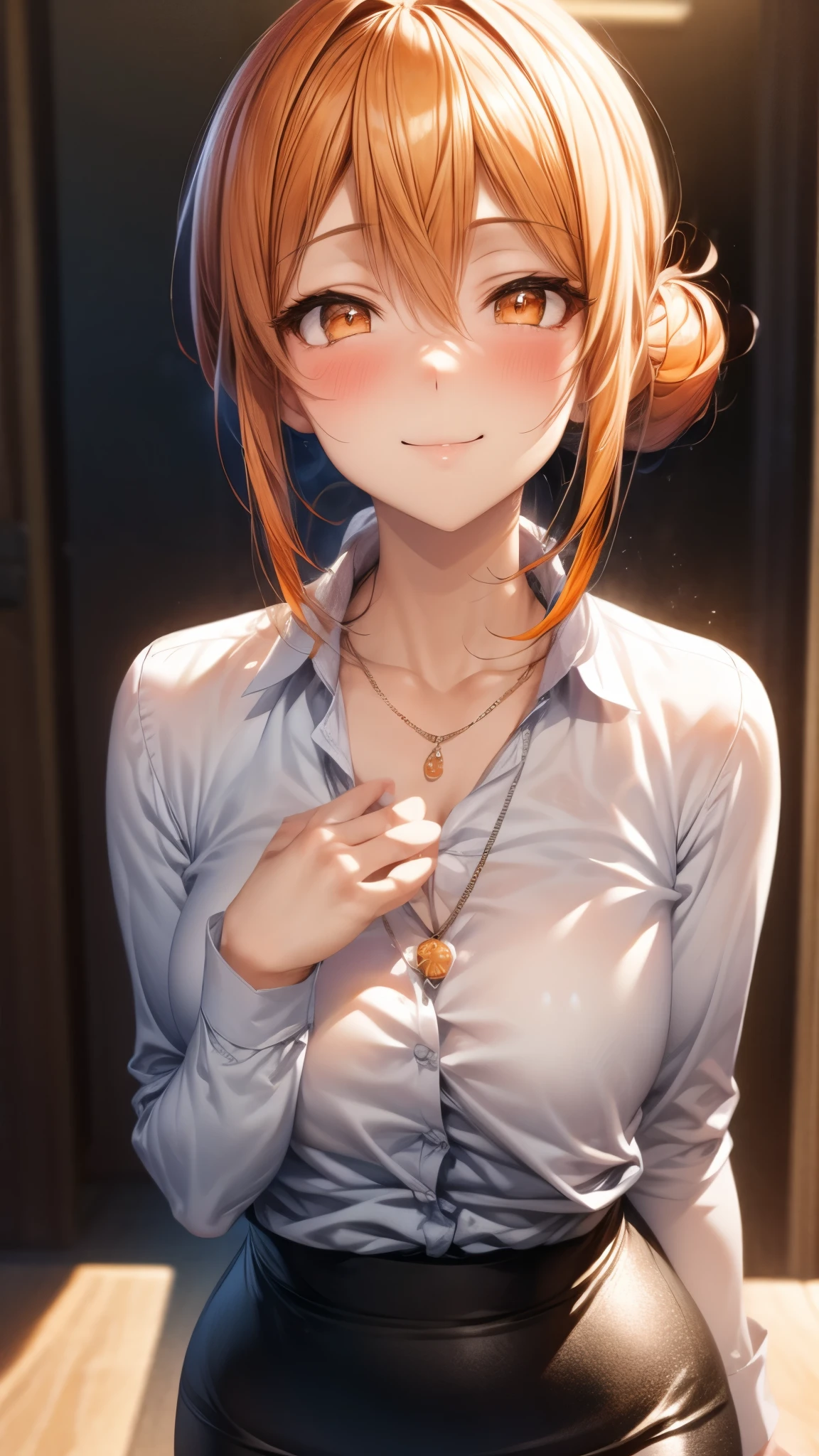 (Ultra High Quality,ultra high definition,16k,Super Masterpiece,Ultra HD ,detailed shading and background,)Photographing the upper body,Sexy Wife,Orange hair put together, white long sleeve shirt ,Chest Valley,necklaces,pencil skirt,blushes,smile,living,