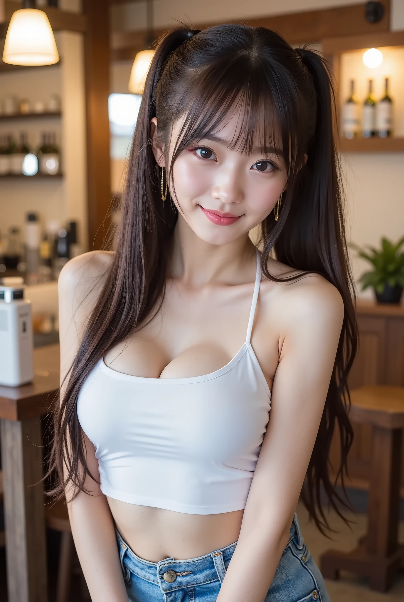 (realistic、Like a photograph、live action、8k, Photoreal, RAW photo, best image quality: 1.4), Single-lens reflex camera、RAW photo, highest quality, realistic, Highly detailed CG Unity 8k wallpaper, Depth of written boundary, cinematic light, Lens flare, ray tracing, realistic background、(Wearing RR Diner uniform:1.4, Trending on cgstation, Business service, 白いウエストapronとアンダーシャツ, at the coffee shop、(high waist jumper skirt)、cafe staff uniforms:1.4、Cafe uniform、Wearing clothes that emphasize the size of your breasts:1.3、apron:1.5、big breasts、I can see the cleavage、(Coffee, please.))、medium hair、hair is up、work at a cafe:1.4、((super dense skin))、 1 female,cute japanese woman、waitress at work、I lean forward and set the coffee down.、emphasize the chest、((whole body:1.5),looking at the viewer:1.1、Business Smile、i like the style、pay attention to details、perfect costume、earrings、(white skin)、accurate portrait、accurate arm、accurate foot、beautiful feet、Precise thighs