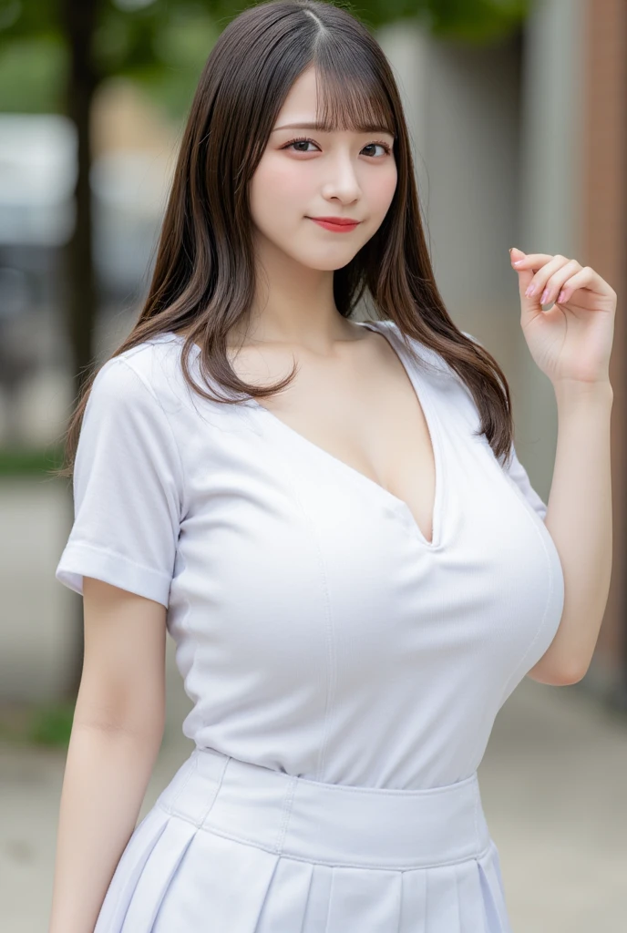 adorable, 1 girl, 10 years old, baby face, shy, full body portrait, (face details: 1), (eye details: 1), ((medium breasts, cleavage)). (white long-sleeved nurses uniform, black skirt: 1.2). Cute posed. proportional body. Ultra High Res. realistic: 1.4, UHD