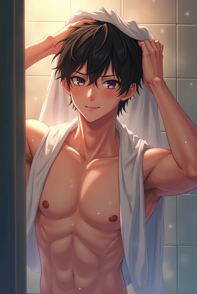 Korean Boy, Anime Styling, Hairless, In the shower, Nearly exposed crotch,