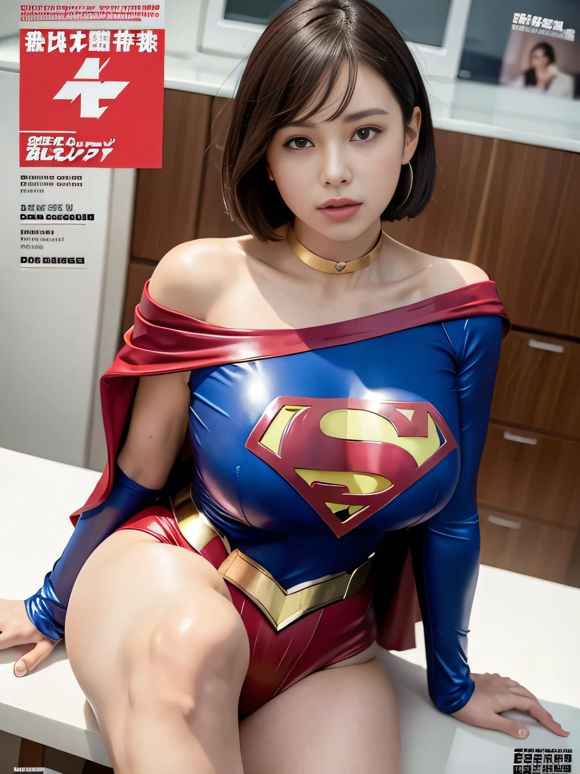 masterpiece、supergirl costume、short hair、barefoot、big and full breasts、human experiment subjects、Research room、operating table、Crisis situation、spread your legs wide、choker、shiny、looking at camera、Seduce、choker、long sleeve、red tight skirt、Weekly magazine cover、model body shape、realistic、beautiful athlete、