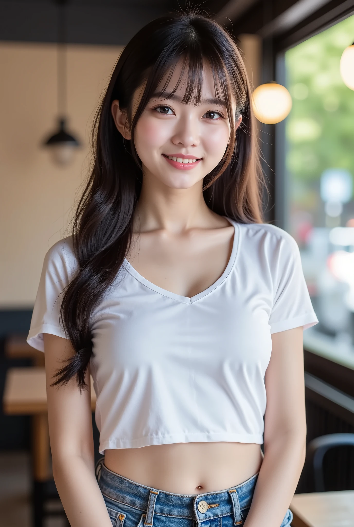 masterpiece, highest quality, Realistic, Very detailed, finely, High resolution, 8k wallpaper, Professional, High level of detail, ((One 18 year old girl:1.2)), Slender Japanese women,cute lips, Collarbone Detail, Center of chest、Perfect Face, (cute short hair:1.5), Chestnut Hair、cute face、Perfect Professional Potion、((Complete head-to-toe coverage:1.5)、(8k、RAW Photos、highest quality、masterpiece:1.2)、Character Focus、perfect cute girl、cute、(Small face)、(office lady:1.2)、A kind smile、Shiny skin、(Beautiful leg lines)、Narrow waist、Big Breasts、Beautiful breasts、(Blouse on bare skin、Pencil Skirt、Black Stockings:1.2)、High heels、Clear Skin、High transparency、(Slender and beautiful girl)、(Shiny)、View your viewers、Beautiful thighs、office interior、Bokeh、