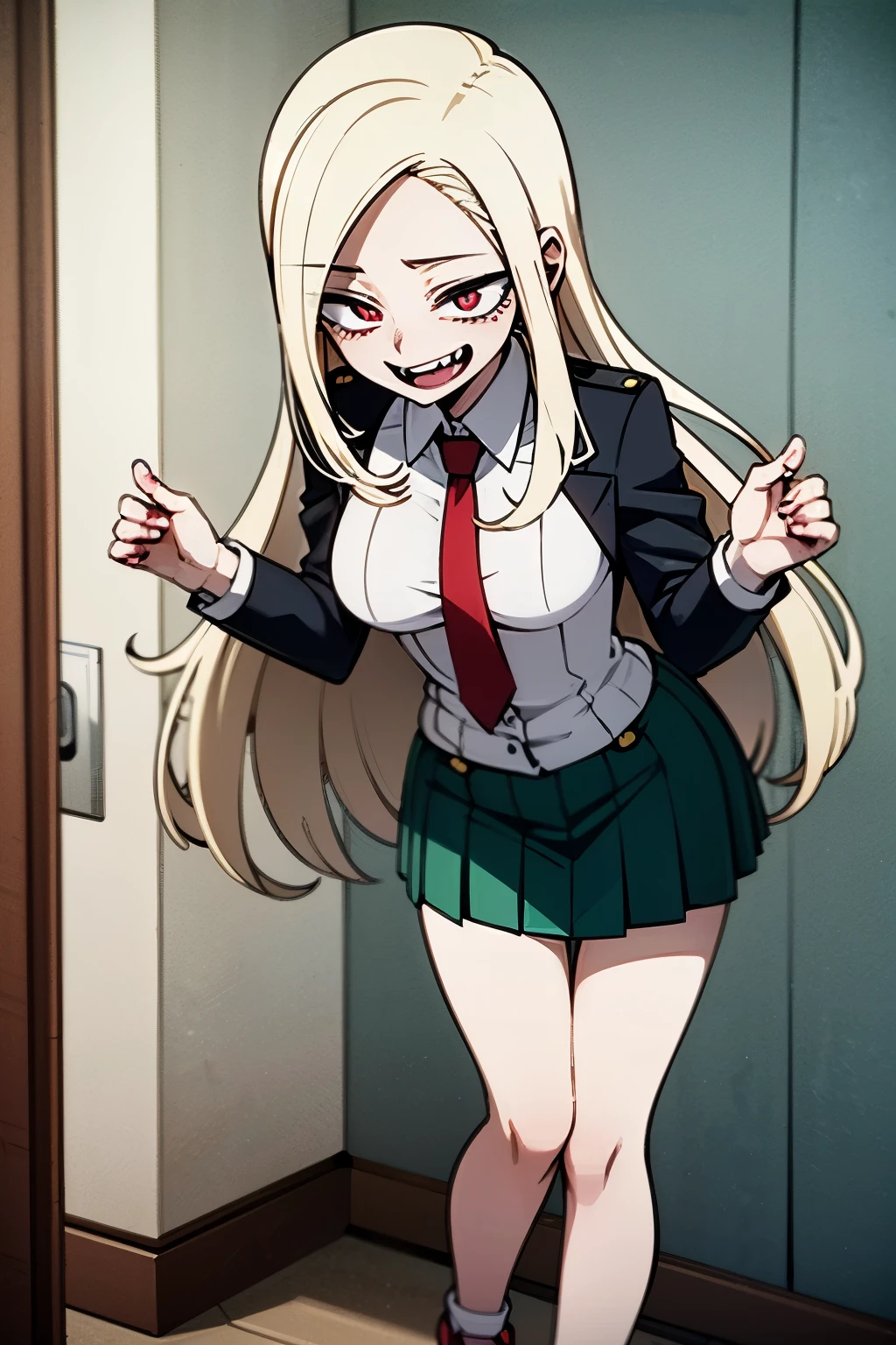 my hero Academia anime image, Very beautiful woman, smooth and long platinum blonde hair,blood-red eyes with sharp pupils ,very pale skin with pink undertones , with fangs ,vampire look wearing the uniform of the U.a,  green skirt ,white shirt with red tie and gray blazer and duando black sneakers ,standing in a corridor would be.