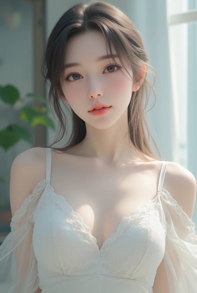 8K, Highest quality, Realistic, photoRealistic, (alone), (1 Girl), Light, masterpiece, (Cute Smile), Depth of written boundary, (In the room), ,(Upward bust、Tense middle chest:1.2), (White skin), (long wavy brown hair),(Beautiful Face:1.2) ,(Bright Eyes) ,(Beautiful tall girl、Baby Face:1.3), alone , ((Stylish clothing design))、Gaze at the viewer、(透き通ったWhite skin, Delicate beautiful skin)、(Nice eyes、Red eyeshadow、double eyelid、Well-groomed, well-formed eyelashes), (high nose)
