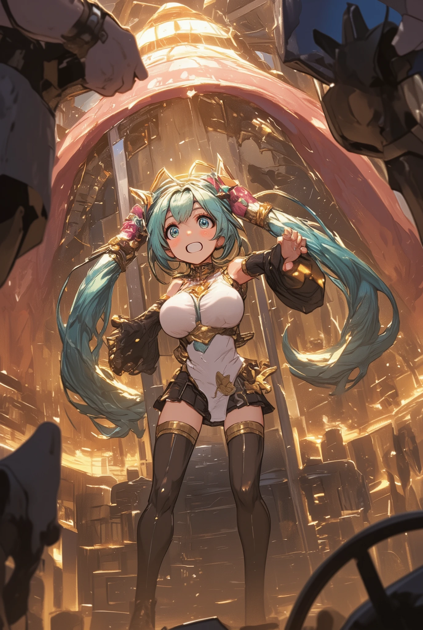 ( masterpiece、 top quality、 top quality、Official Art、 beautiful and beautiful :1.2)、(one girl:1.3) Hatsune Miku、twin tails, beautiful breasts, A Young Girl with a Big Weapon , cute expression , Struggling to Lift a Sword That's Too Big, Desperately Strong , face turned bright red , drenched in sweat, Extremely wide shot , photorealistic facing y, 8k, Elaborate, dramatic lighting, Warm Tones, fantasy art style