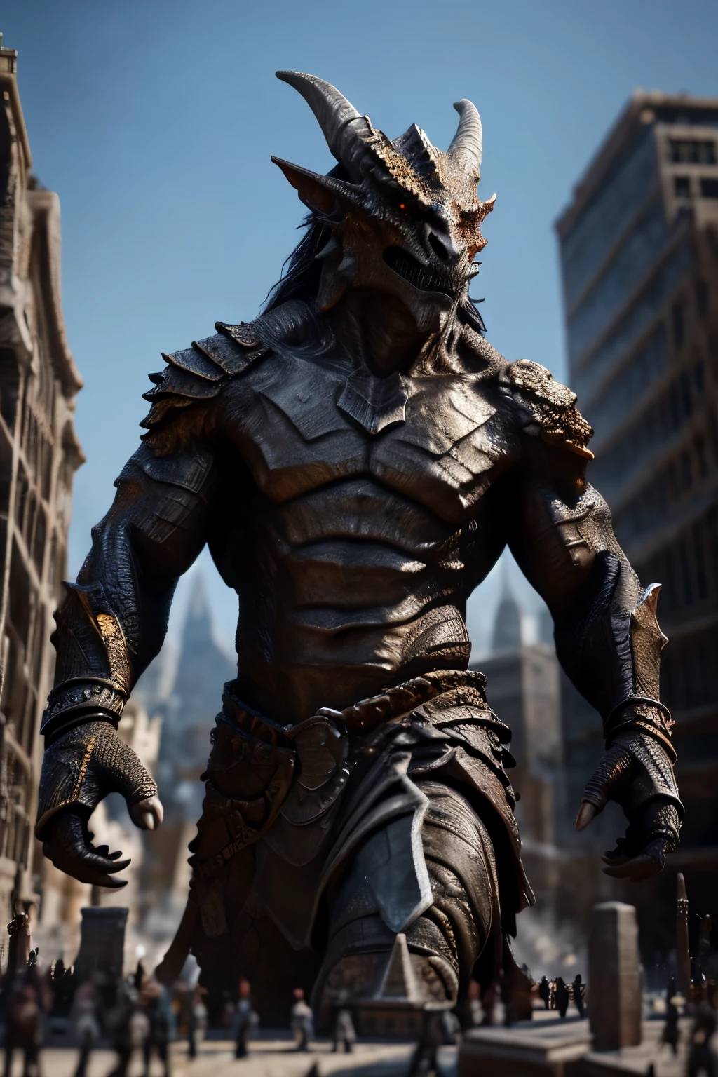 orcx-uruks mordor dragonborn, male, muscle, sweat, detailed, ultrarealistic, photorealism, sharp, exposure blend, Highest Quality, 4k, masterpiece, Amazing Details, Shallow Depth of Field, ((full body)), macro in miniscule city