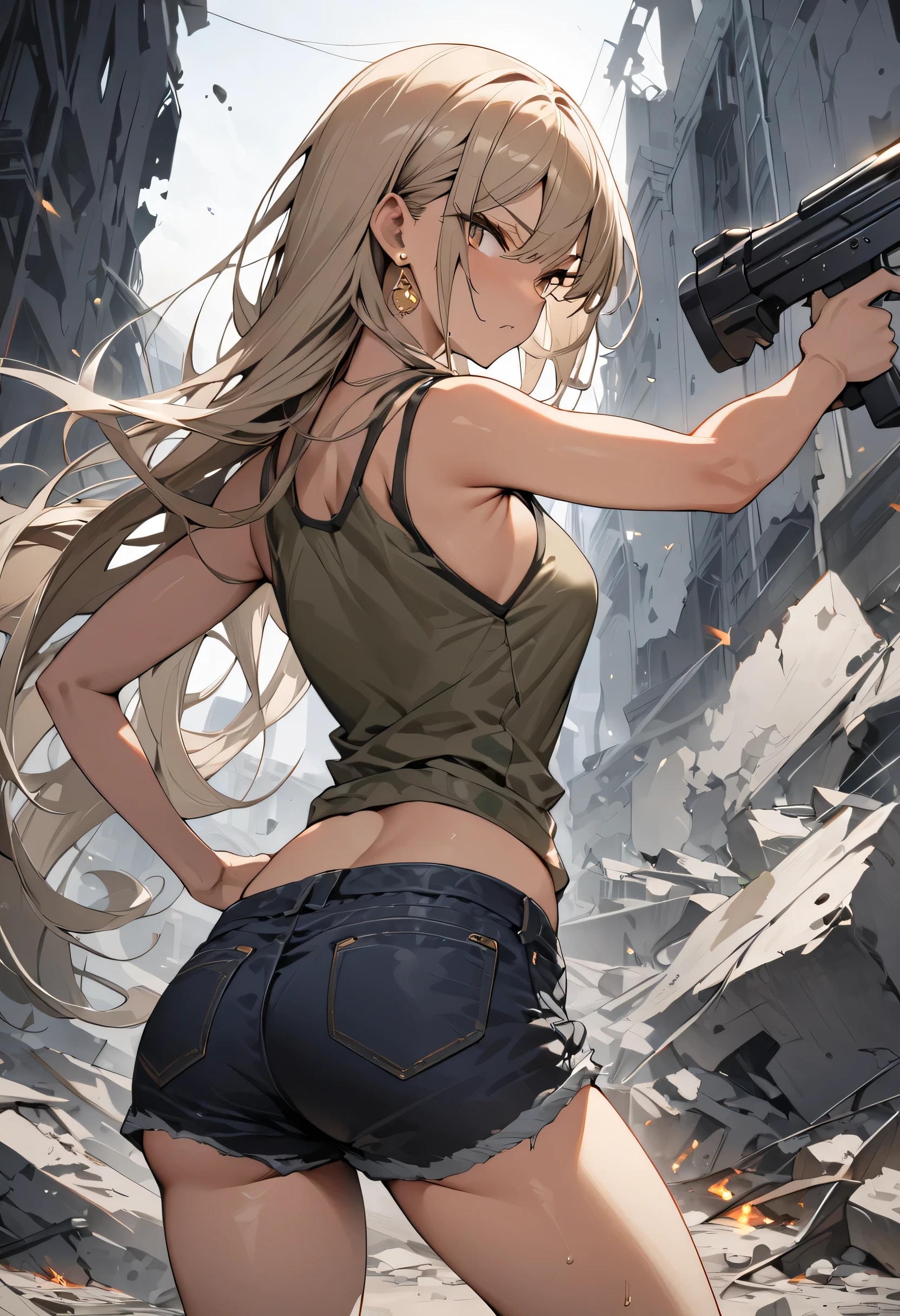 a woman in a bodystocking fights with a man who has ammunition hanging on his arm, a destroyed factory