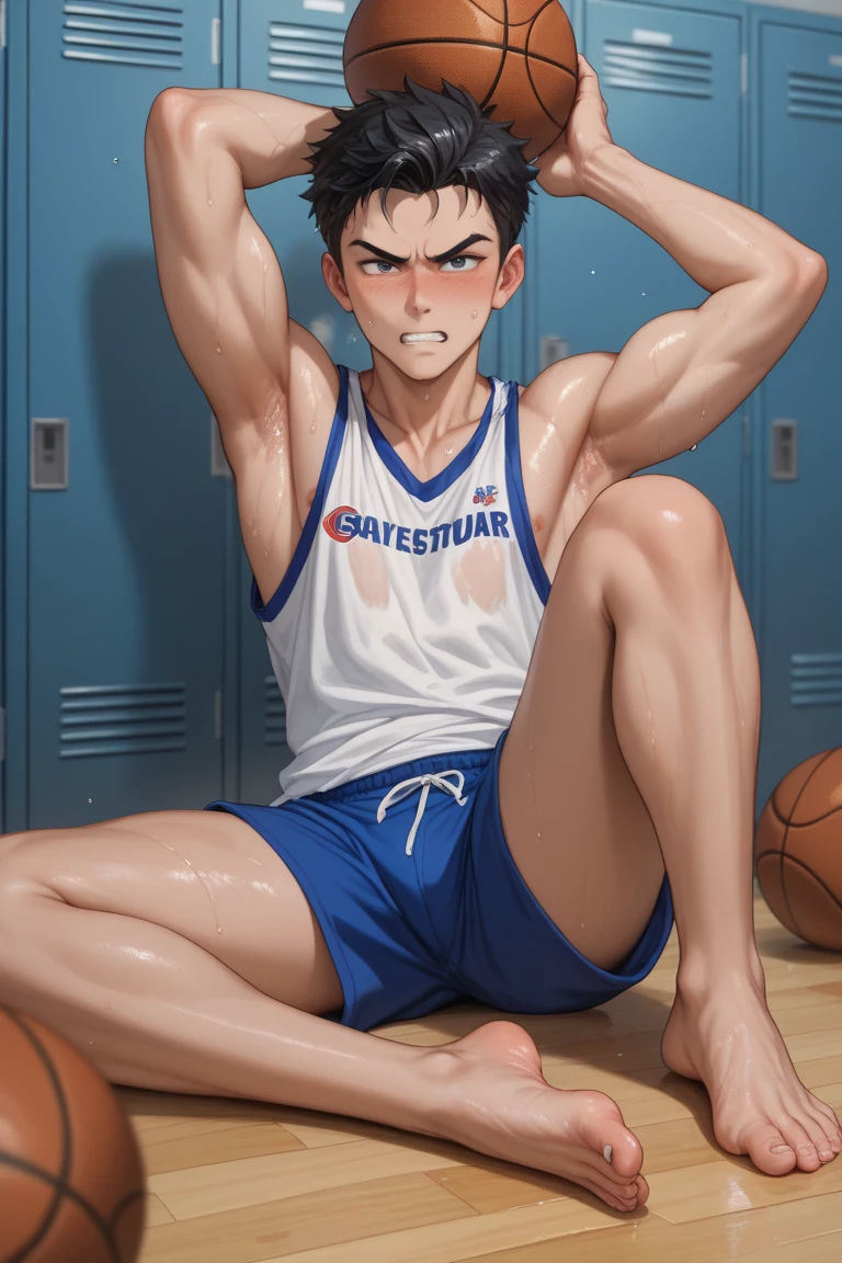 a shirtless 22-year old super muscular sweating male wearing basketball shorts, rubber shoes, sweat-drenched, soaking wet, drenched with sweat, sweating profusely, soaking wet with sweat, panting, exhausted, gasping, laying on the floor, in the locker room