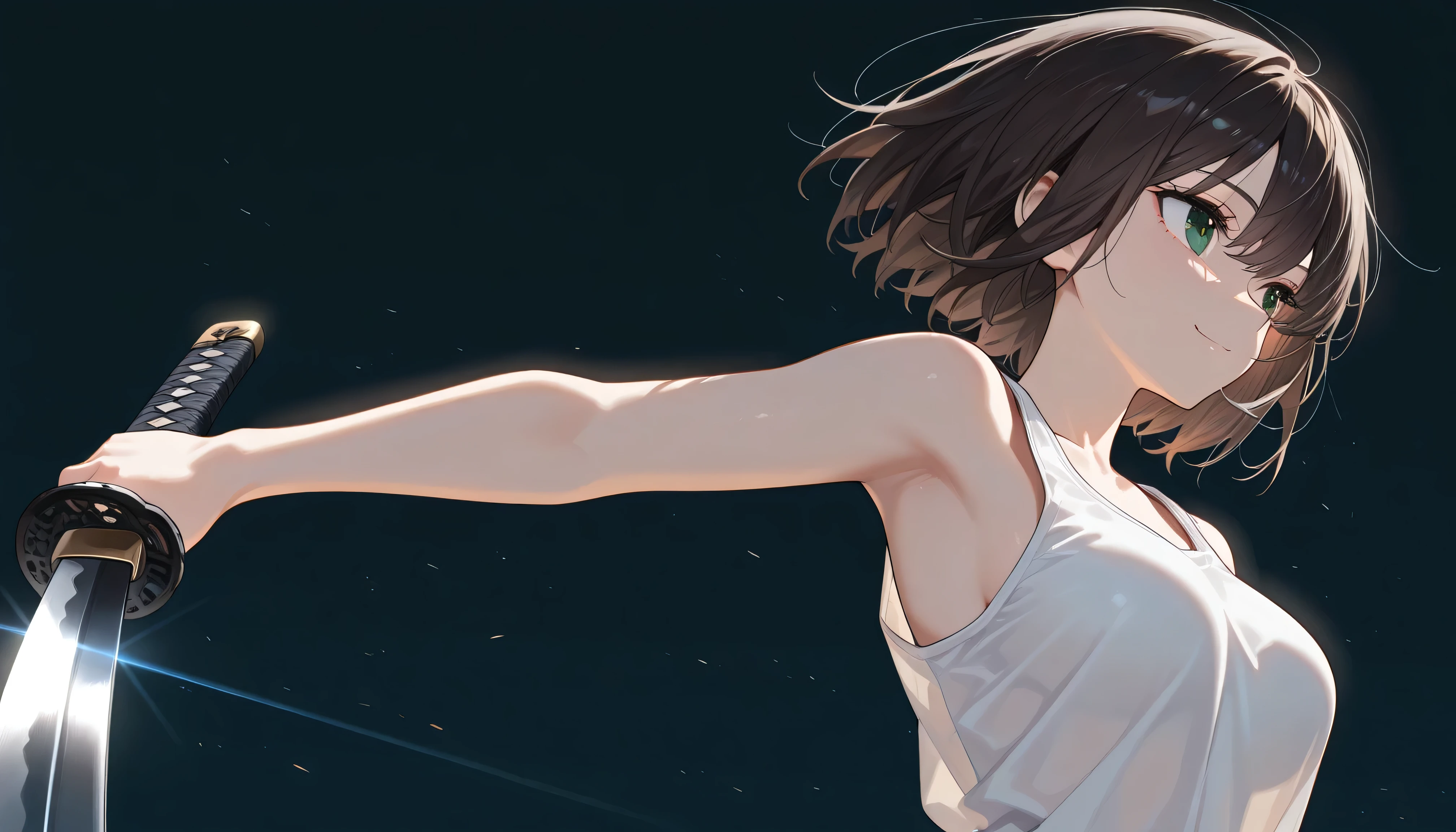 ((masterpiece, best quality, amazing quality, very aesthetic, newest, realism, hyper-detailed, beautiful, cinematic)) 1girl, 24 Years Old, A bit medium breasts, solo, Dark Blue Background, Dark Brown Bob hair, White Loose Tank-top Shirt , holding a Katana , Wearing Dark Green Mempo Mask. looking away, Short Bob Hair, upper body, simple background, dark green eyes, smile mouth, Dark brown Hair, shot from head to hips, Fantasy_eyes