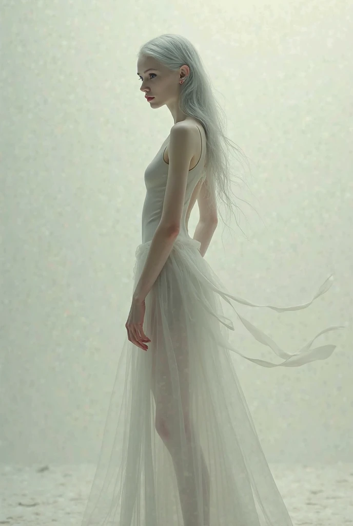 A girl with long white hair,She will have nothing on top and will cover it with her hand,She will wear a long white cotton skirt that is wet and will mark,She will be facing away and looking back,I want the background to be light blue and I want the image to have a dark vibe.