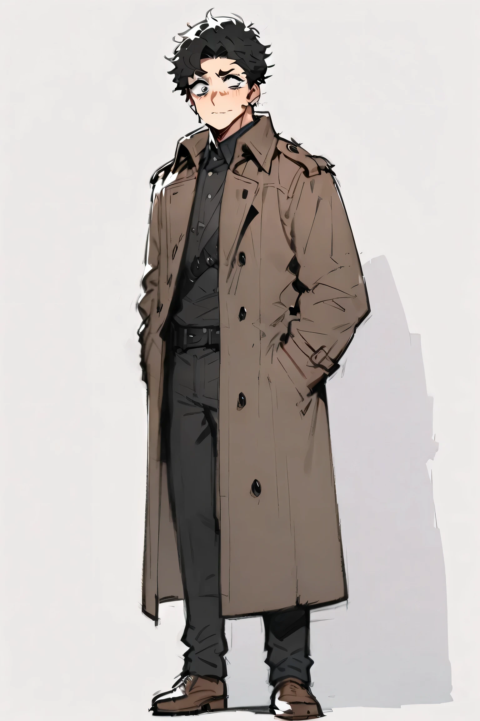 simple background,high definition, solo, natural perm, male,Age 30,criminal,is tall,wise, black hair, kind face,trench coat,I'm looking at me with a horizontal,eye showing the whole body,I'm energetic,justice