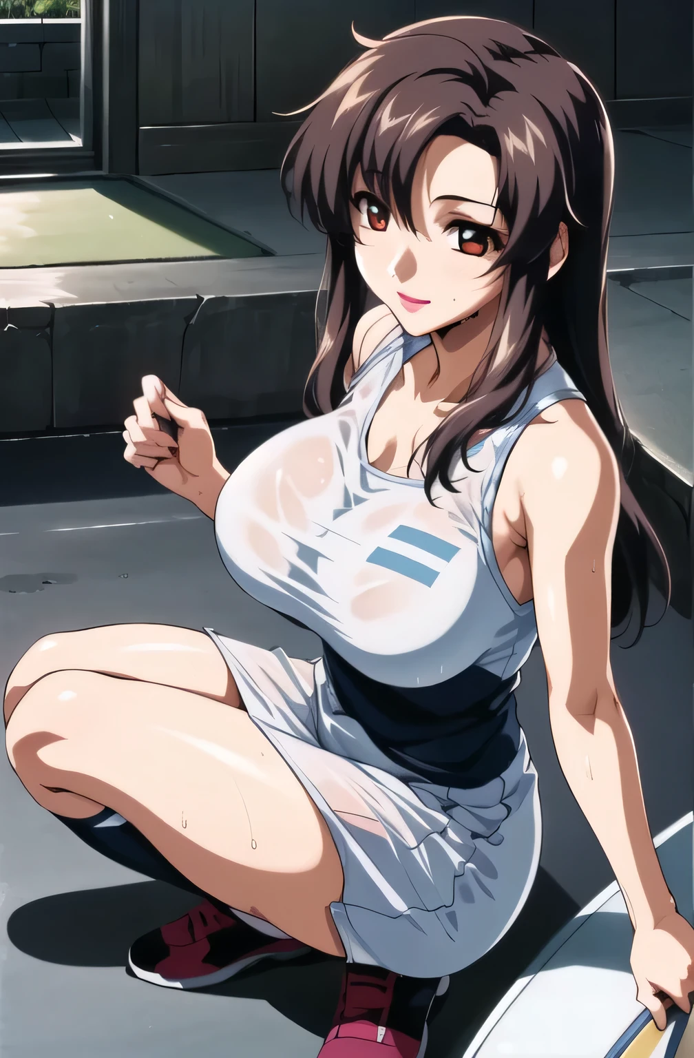 1womanl,Black hair,14years ,(()),Beautiful breasts,(((Sexy white and blue shiny gym clothes and micro skirt)))(())(((Blushing cheeks、Smile with open mouth)),(((Satin Narico))),((( portlate))),Crowds,Shiny white and blue gym clothes and microskirt,wet with sweat