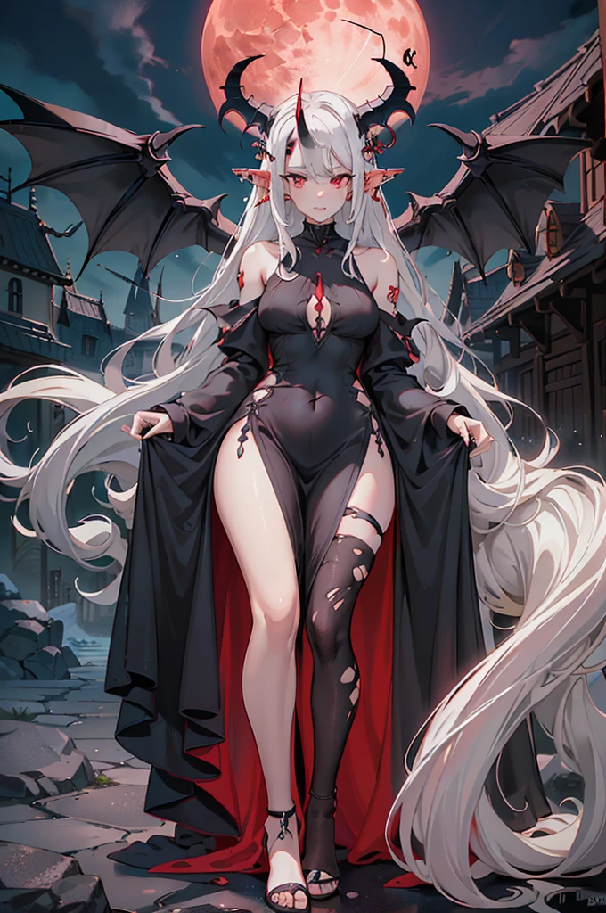 Aerial View，giant girl 50,000 feet high，Have a pair of long legs，Possessing a pair of huge demon wings，Princess，Has white waist-length hair，loose hair，Wear a pair of Mary Jane shoes，white curly hair，A look of enjoyment，Standing over a ruined city，Beautiful appearance，Exquisite makeup，quality，8k，高quality，(governor:1.5)，Perfect proportion, Cinema lighting，film grain，Fuji colors，8k，textured skin，Super details，high detail，high quality，high resolution，explode，fake smile，black，blood stains，脚底有blood stains