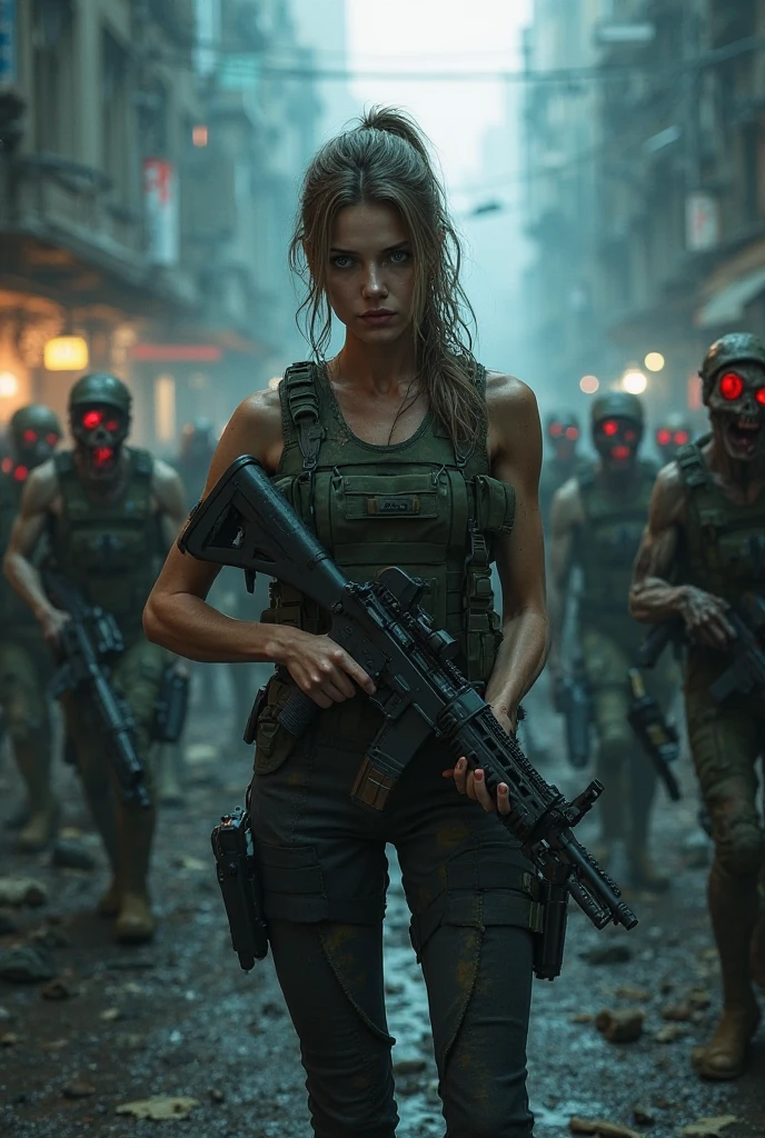 Short woman is destroying with telephaty Armacham soldiers wearing blue googles and holding assault rifles. They all covered in blood and the sky is chaotic red. Her eyes glowing red