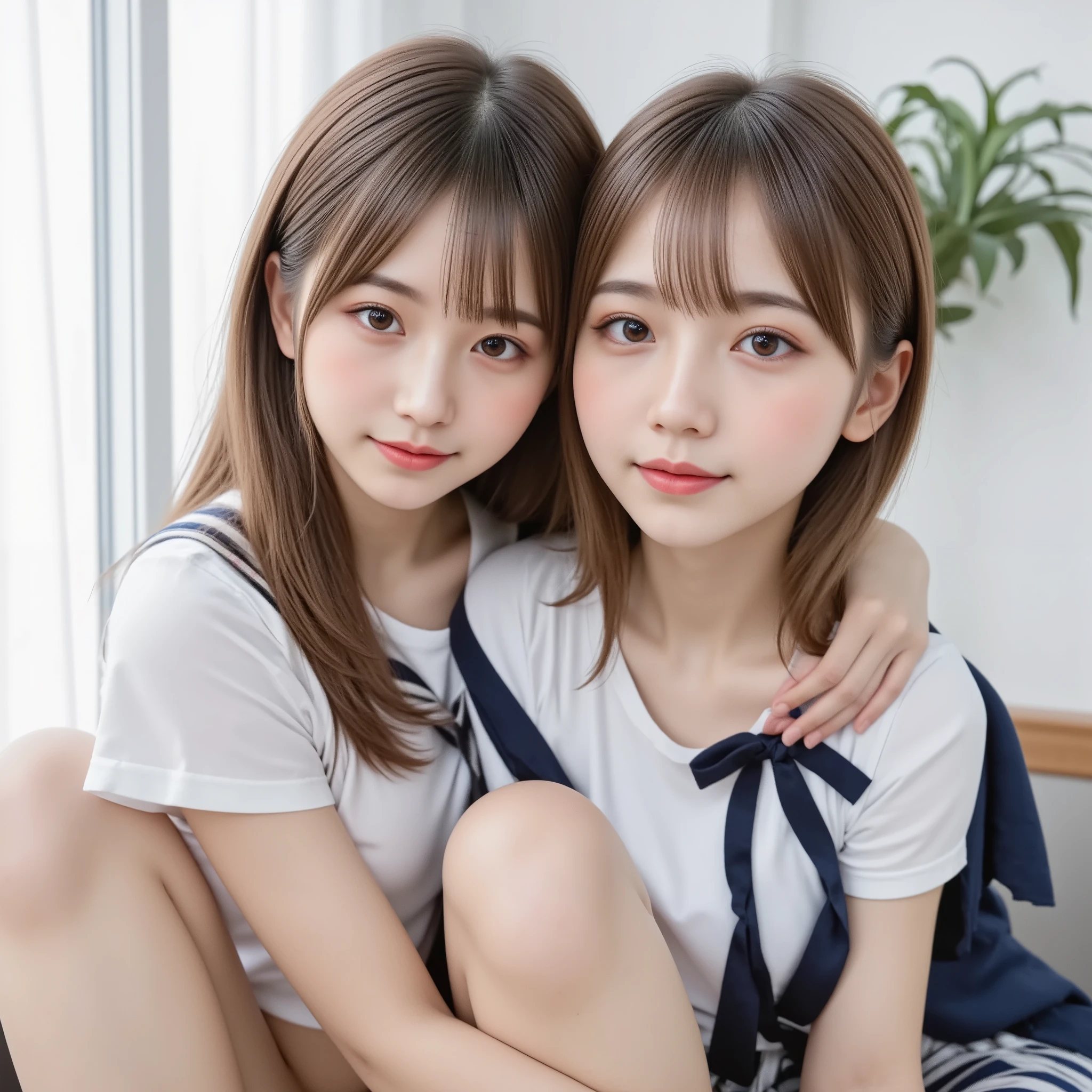 (realistic, photo-realistic:1.4), ( best quality, masterpiece :1.2), RAW photo , high image quality , intricate details, is very well detailed, sharp concentration, cinematic lighting facing the ceiling, Same height , ( is very well detailedなクリアフォーカス:1.5), break, (full body, Front Map:1.5), ( super detailed beautiful Japanese beauty idol:1.7), ( Yuri Couple , two girls, Bare-Handed Barefoot :1.3), two Japanese female idols are leaning against the wall, ( They hug each other 、Kiss me softly :1.5), (Leaning against the changing room wall , Xiaoyan, slim, slender, Thin legs, (Bare legs, thighs, sailor suit, school uniform:1.4), Hair, ( perfect face, detailed faces , Beautifully Detailed Eyes , sophisticated nose ), pale skin,
Photo Backdrop , indoor,
