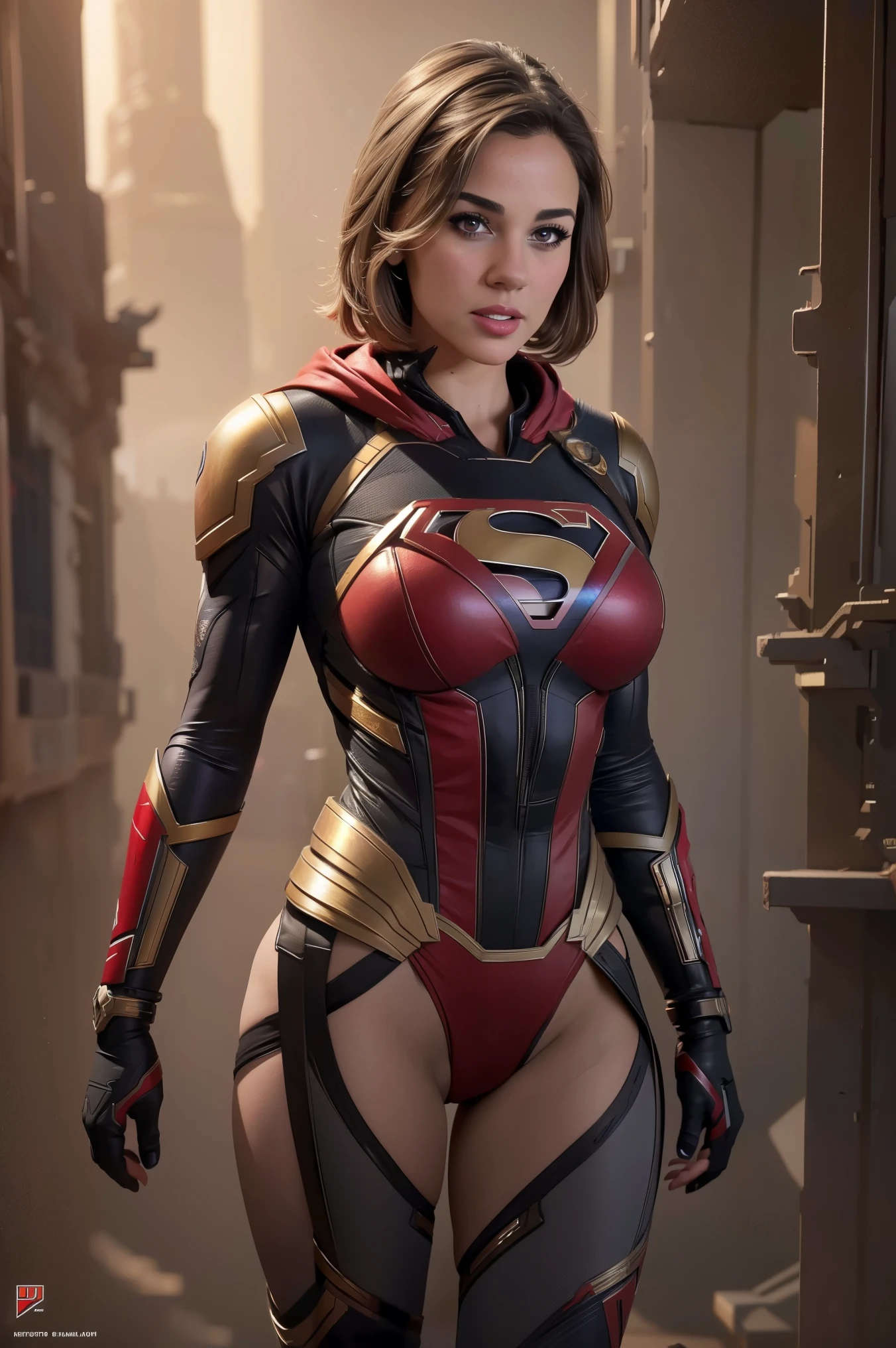(Best Quality),(Masterpiece),(Ultra Detailed),(4k resolution),(Extremely detailed),Abstract expressionist painting "Hyperion", sexy Supergirl, Digital Painting, character concept art portrait, Scary, large breast, very muscular, (short grey hair), red eyes, big city, full body