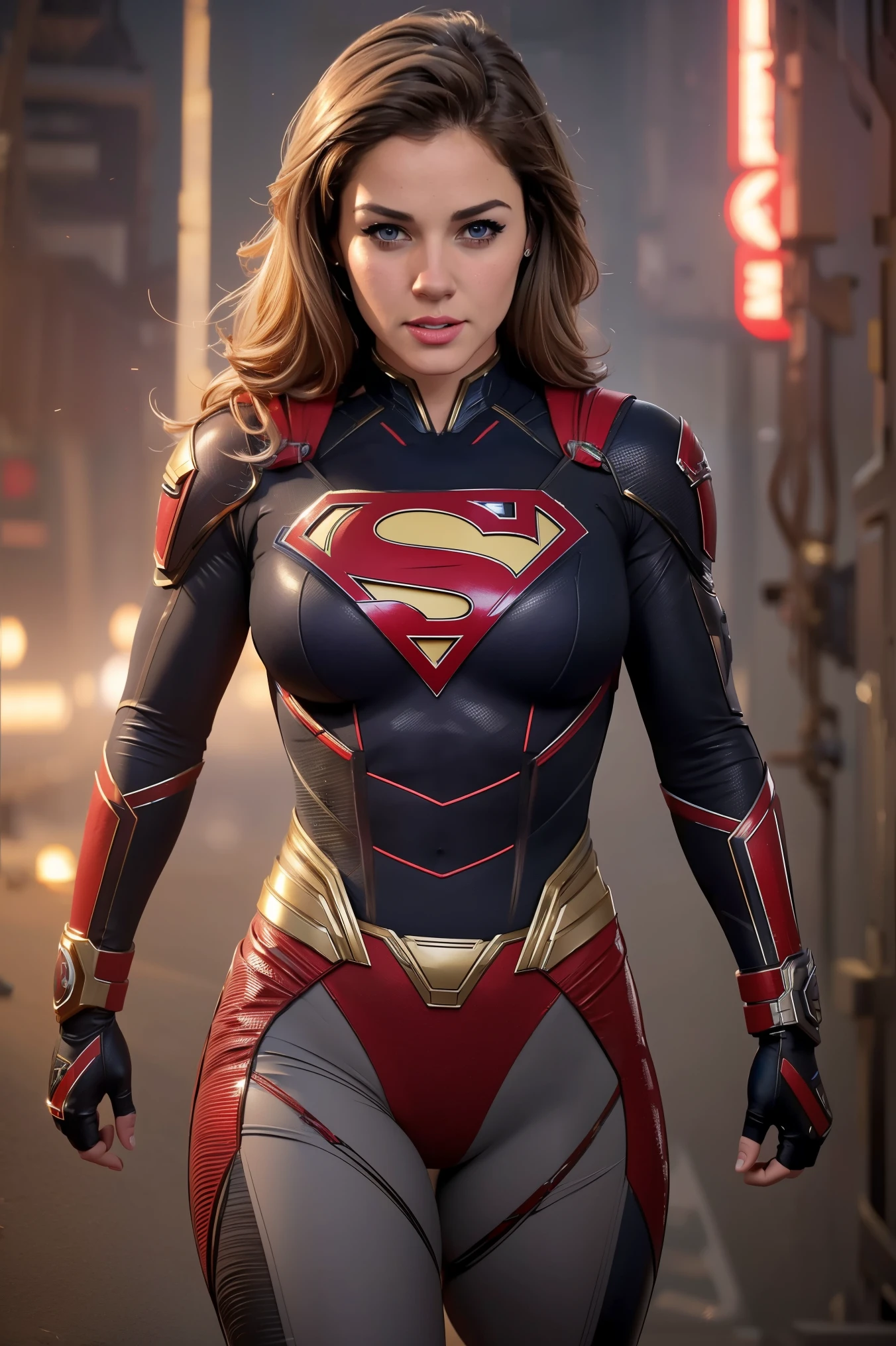 (Best Quality),(Masterpiece),(Ultra Detailed),(4k resolution),(Extremely detailed),Abstract expressionist painting "Hyperion", sexy Supergirl, Digital Painting, character concept art portrait, Scary, large breast, very muscular, (short grey hair), red eyes, big city, full body