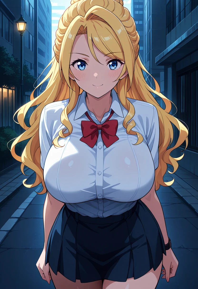 (best quality:1.5, highres, UHD, 4K, detailed lighting, shaders, perfect graphic), blonde twintails, forehead, large breasts, sexy, erotic, pink off-shoulder shirt, cleavage, black skirt, standing, smiling, street background
