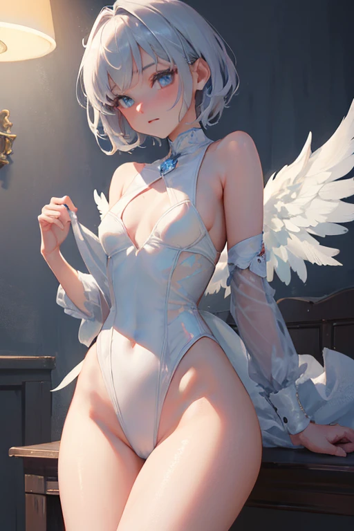 extra detailed face, Perfect Lighting, extremely details CG, 4K、8K、be shy、mournful smile、(Perfect hands, Perfect Anatomy)、Ultra-realistic photo of a girl in a majestic white and golden ball gown dress, Big beautiful dress, Complex puffy ball gown with lots of frills and rhinestones (Best Quality, masutepiece, ((Angel wings:1.2))。 art  stations, Fantasy Art:1.2), Palace rooms, Beautiful cute girl, Rem of Rezero、(Blue shorthair:1.3), Bangs hide one eye、(Complex short gold skirt, Bare legs:1.2, Full body shot)、very Bigger breasts、White panties、(Clearly visible detailed female pubic shape: 1.4)、skirt rift、