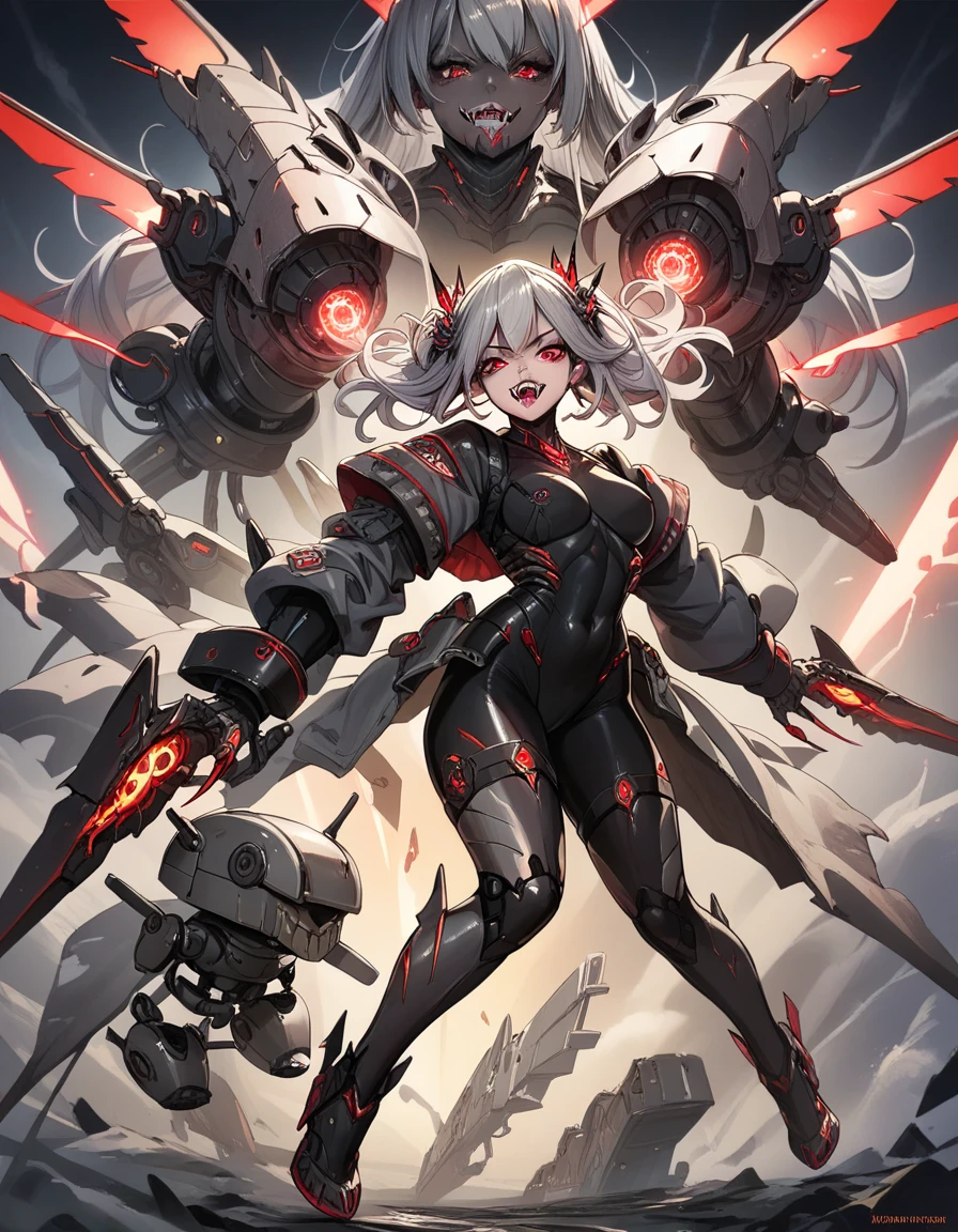 (masterpiece, best quality, ultra-detailed), 1girl, BriarLoL, grey skin, white hair, short hair, (pointy ears, sharp teeth), looking at viewer, standing, full body, bat wings, standing