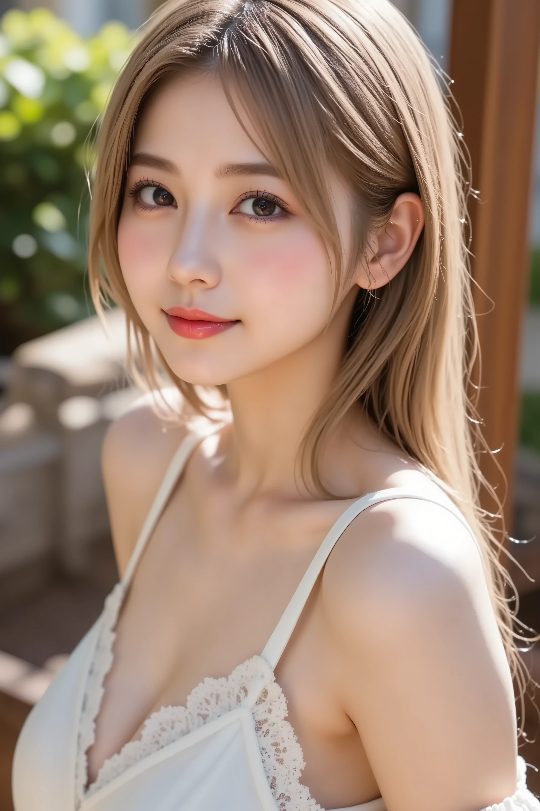, the entire head is fully reflected , The entire face and head are clearly visible, (((( masterpiece, top quality , nothing )))), very detailed 8K , スリムボディの sexyでbeautiful日本の10代の女の子, Super Detail, very detailed on trends , super real , (long blonde hair :1.3) , pictures), blonde, Small Fly , camera , With a faint smile, (Big boobs with tight tension: 1.2), ( beautiful, beautiful顔 , Anatomically Accurate Hand Structure , Anatomically Accurate Finger Structure ,( off shoulder dress :1.5), Shine, sweat, (sunlight, sunlight from before ),( topless ), to reveal your chest , sexy, blanking, Look up at the sky, (wide々 Royal Gardens :1.3), super real wide大な風景, pictures映えするシーナリー , Light on face