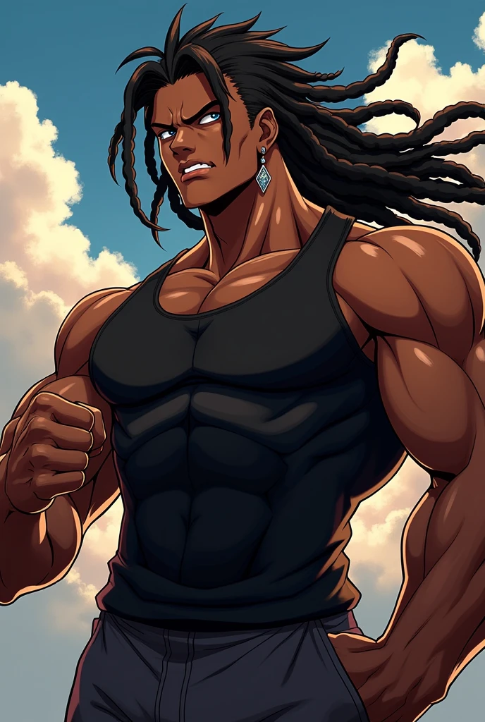 anime style drawing of a shirtless black man character with braided hair in a fighting pose