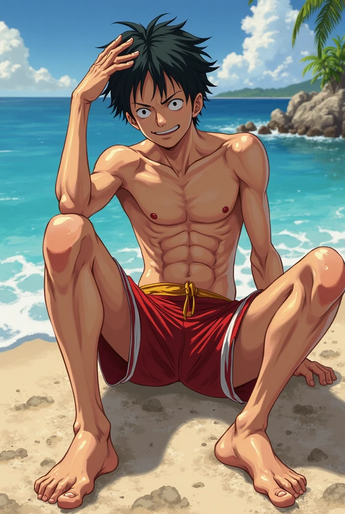 A naked boy with a large bag wearing a narrow pair that is so short that it is almost invisible,There are a large number of hanging hairs exposed,Slightly stronger,on the beach,rainbowing,Tropical plants,in the afternoon,rays of sunshine --auto
