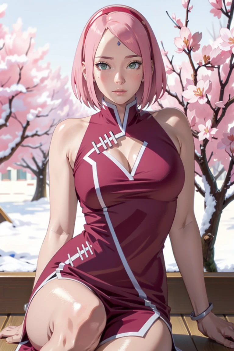 Sakura Haruno, exposed leg dress, mature body, beautiful face, sensual pose, large buttocks, illustration, high-resolution, ultra-detailed, realistic, vibrant colors, soft lighting, cherry blossom theme