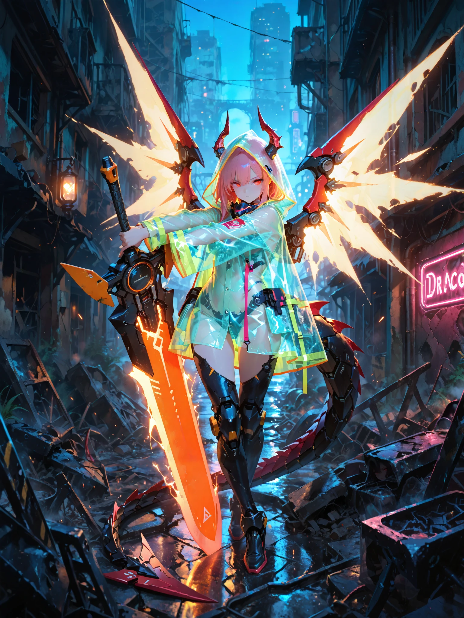 masterpiece, best quality, very aesthetic, absurdres,,full body, 1girl, neon lights, see-through holographic clothing, see-through raincoat, dragon horns, mechanical tail, mecha musume, tsurime, holding greatsword, huge weapon, draconic wings,energy wings, pose, glowing, dark,night,post-apocalyptic ruins,cityscape,dynamic pose, dynamic action