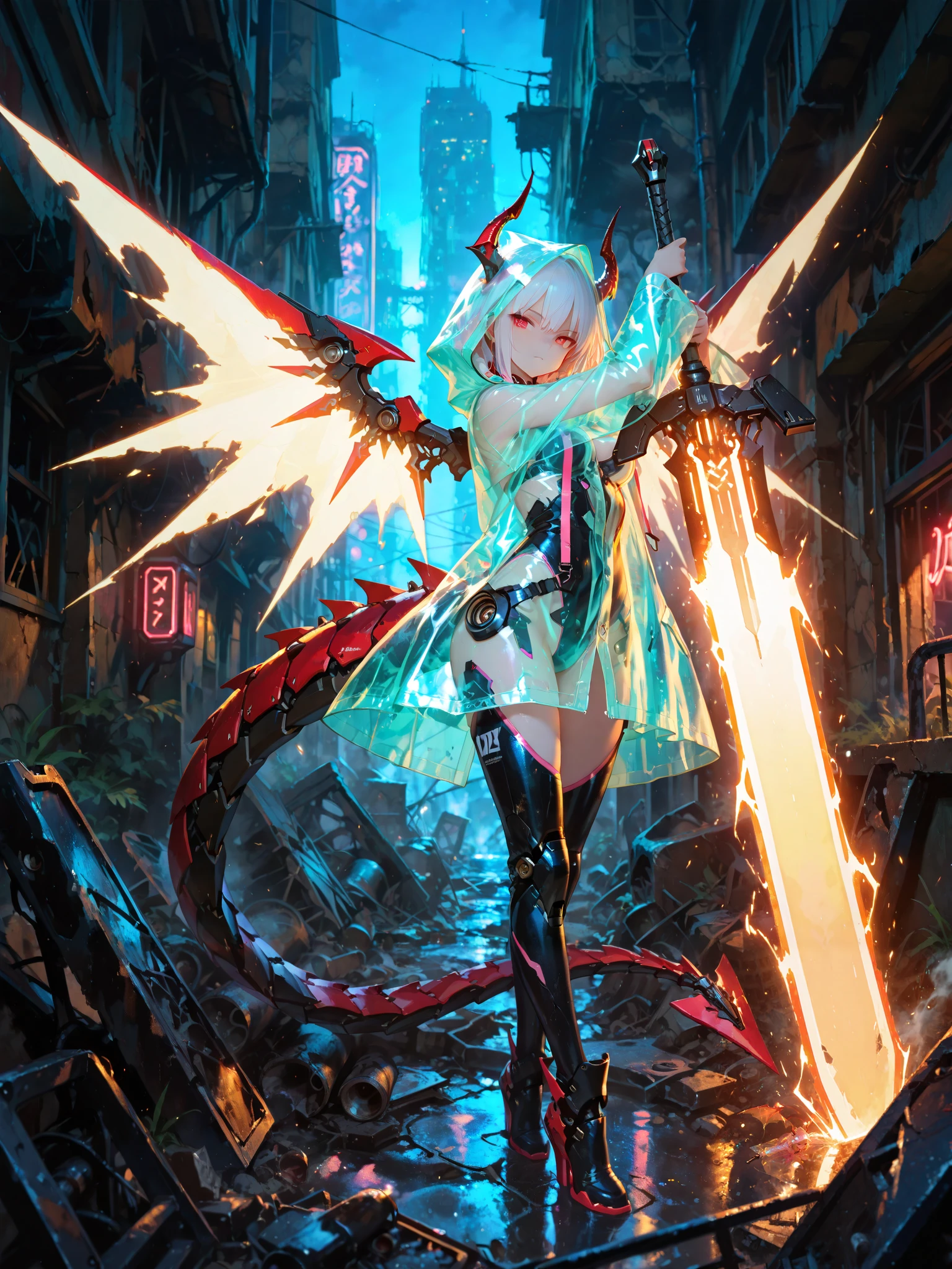 masterpiece, best quality, very aesthetic, absurdres,,full body, 1girl, neon lights, see-through holographic clothing, see-through raincoat, dragon horns, mechanical tail, mecha musume, tsurime, holding greatsword, huge weapon, draconic wings,energy wings, pose, glowing, dark,night,post-apocalyptic ruins,cityscape,dynamic pose, dynamic action