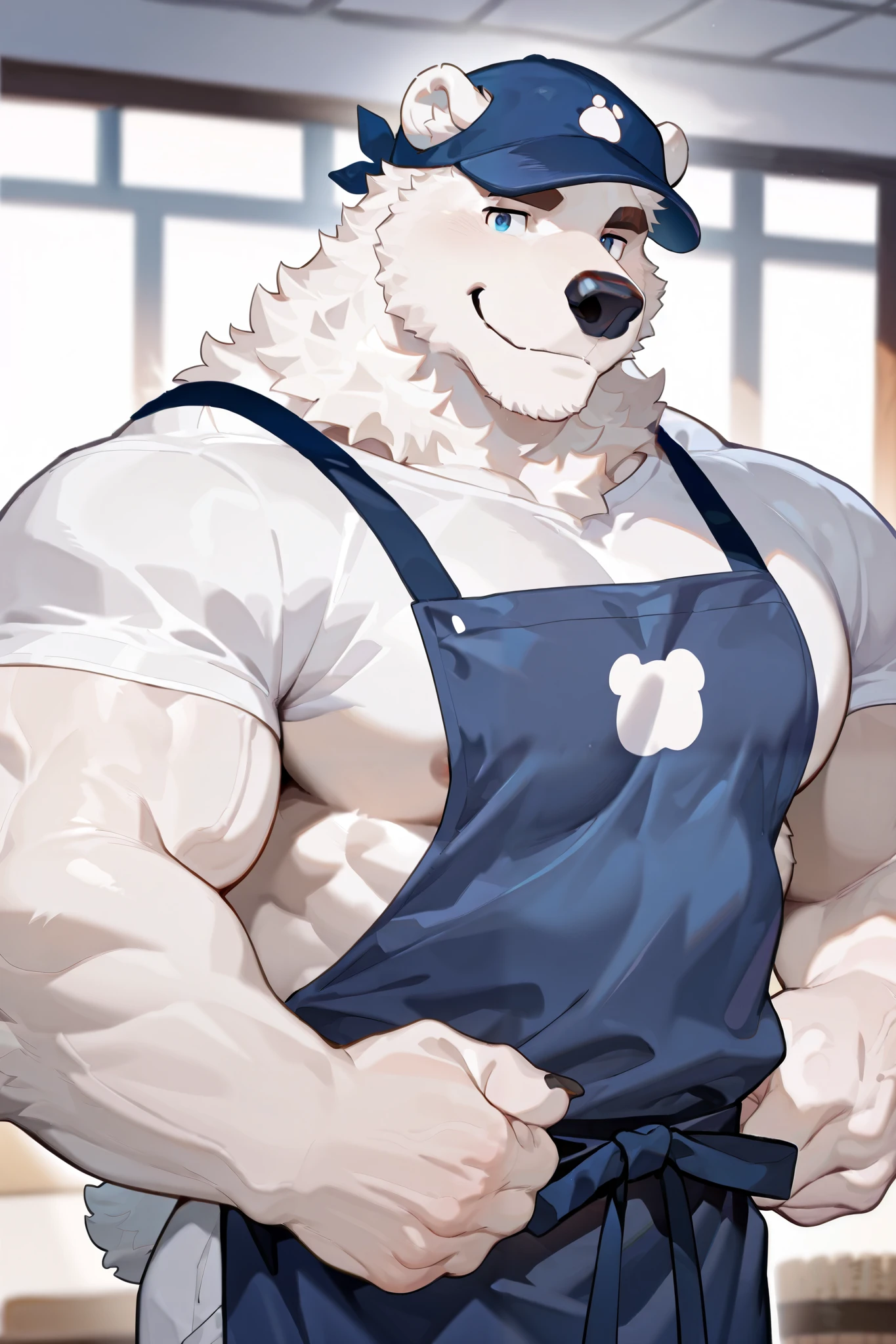 1 boy , alone, human furry , polar bear, white fur, blue eyes, White hair,Brown eyebrows, strong ,Sturdy ,muscular。Well-developed chest muscles,
White T-shirt,Blue Apron,Blue Hat。
Cheerful ,Confident Gesture。
masterpiece, is the best quality,