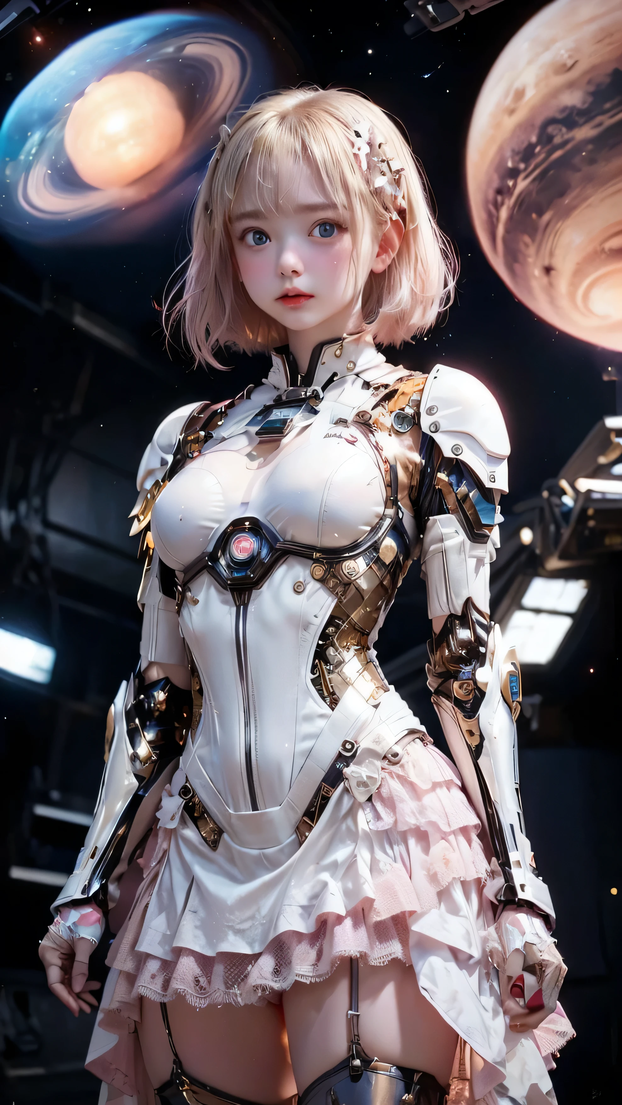 Beautiful girl in cyber mecha armor, cute girl cyborg, cybersuits, Cyborghinoid body, perfect robot girl, pink hair, blue eyes, Portrait of a Japanese teenager, (Realistic face details), complicated details, very high details, Realistic photos, 8k, UHD, hyperspace,