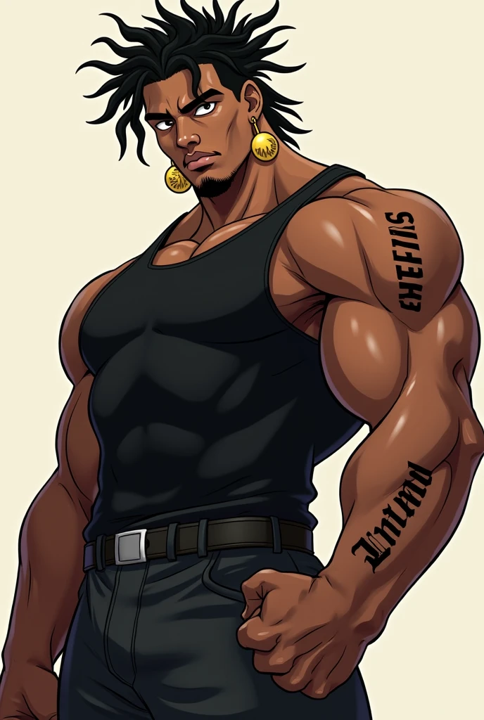 Full body image of a 17-year-old young man with dark skin, with 1,90 m tall and the power to control chains an athletic body. Ele tem cabelos blackws cacheados de dreads brancos e uma faixa turbante de baixo do cabelo, olhos blackws brilhantes. Your skin is black and black, blackw. camisa regata branca com blackw e um casaco por cima blackw com detalhes em branco e com um capuz, black pants with white seams at the knee, with chains, stylish black military boots full of belts and chains, segurando uma bastão de arame farpado blackw com branco
