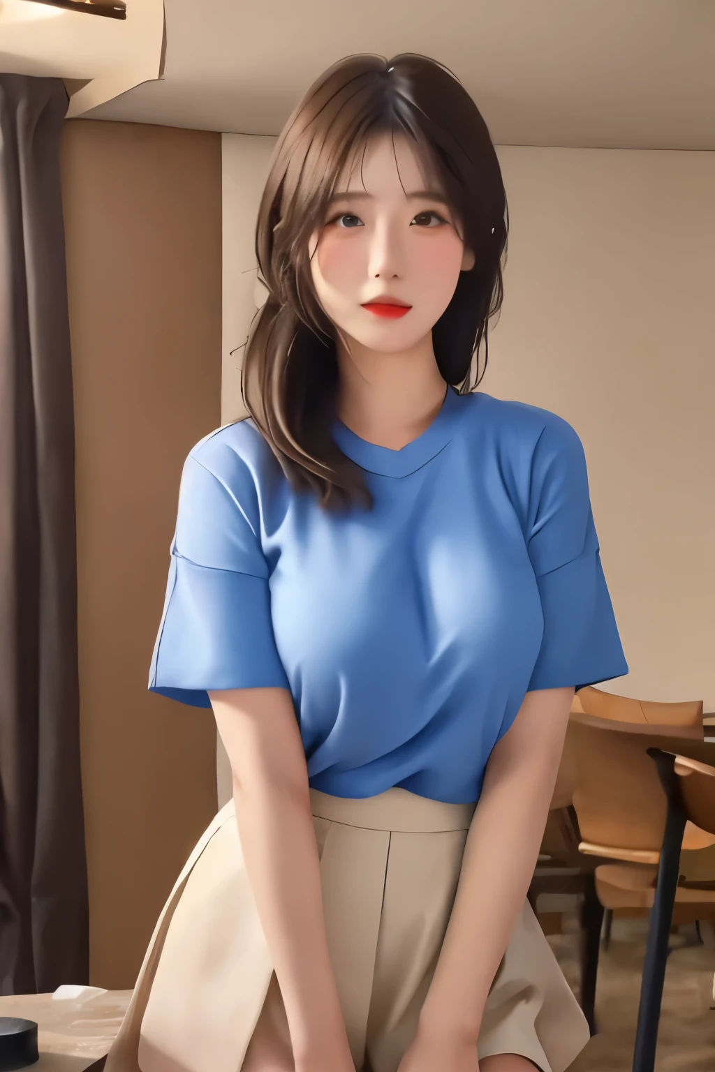 from behind,backwards,leaning forward,clothed,baggy t-shirt,shorts,shirt lift,(Thin type),(large breasts),(random hairstyle),(Highest image quality, (8K), Ultra-realistic, Best Quality, High quality, High Definition, high quality texture, high detailing, Beautiful detailed, fine detailed, extremely details CG, Detailed texture, realistic representation of face, masterpiece, presence)